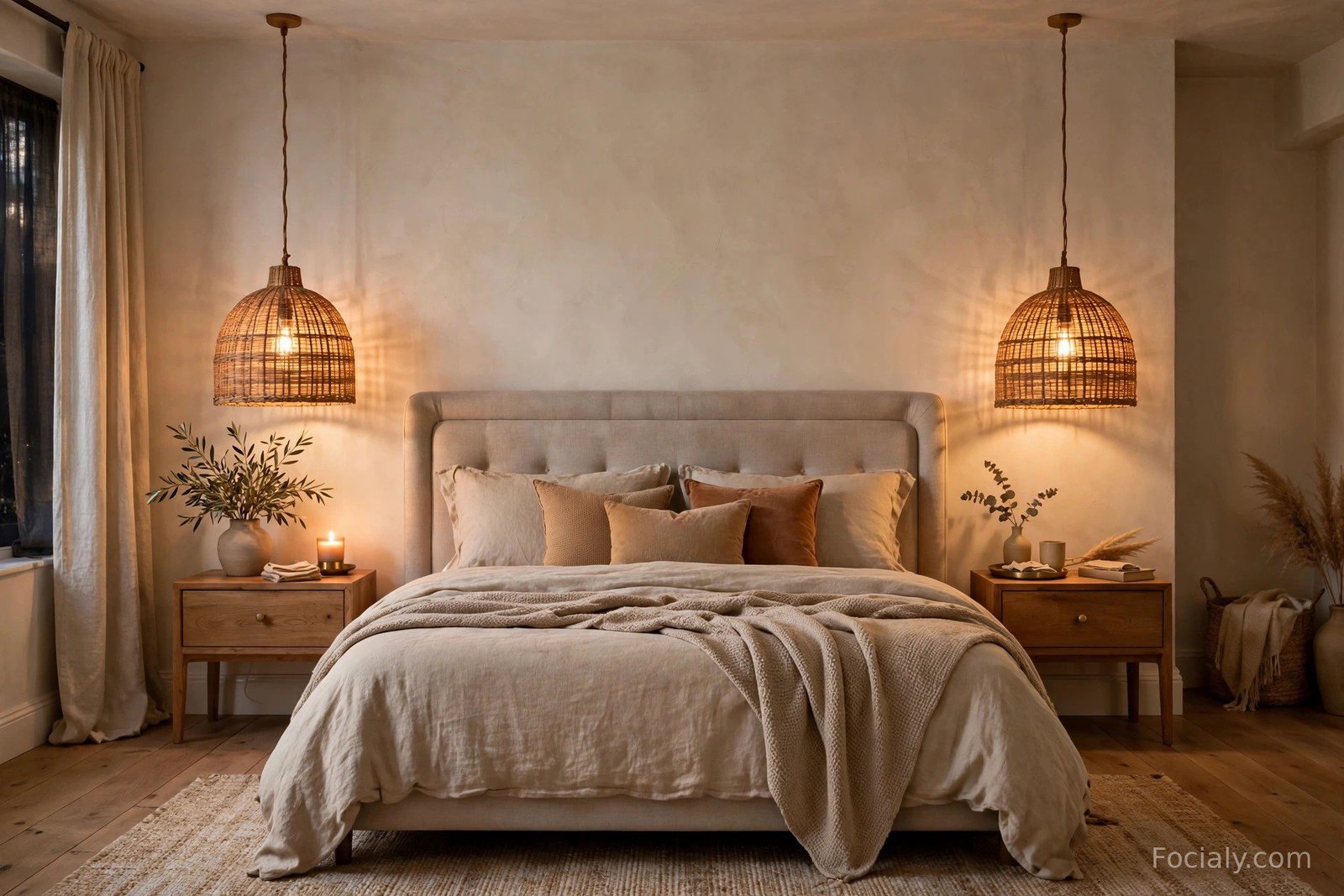 Bedroom with two matching pendant lights hanging over wooden nightstands
