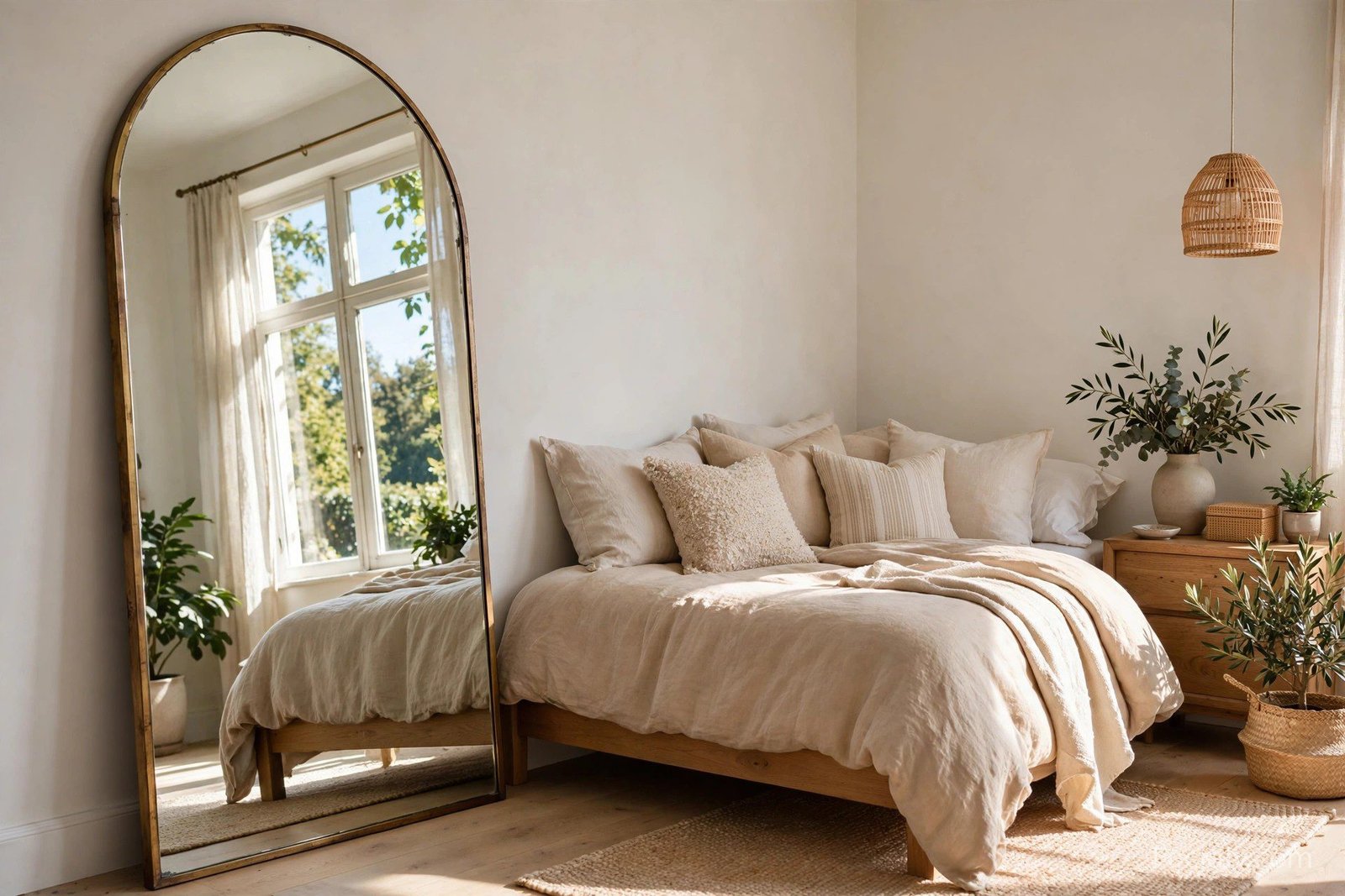 Oversized arched floor mirror leaning against a bedroom wall reflecting natural light