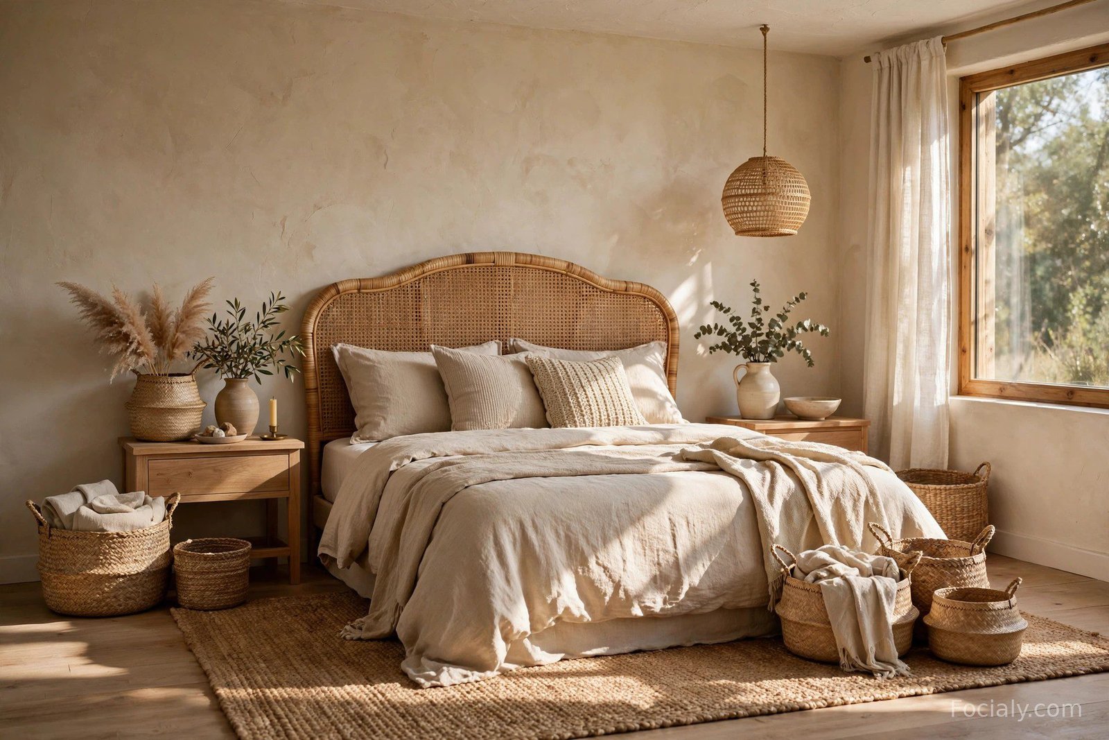 Bedroom with rattan headboard, jute rug and woven baskets adding natural texture