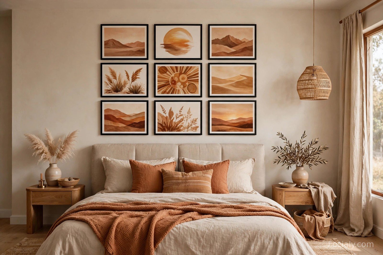 Bedroom gallery wall of framed art prints arranged above an upholstered headboard