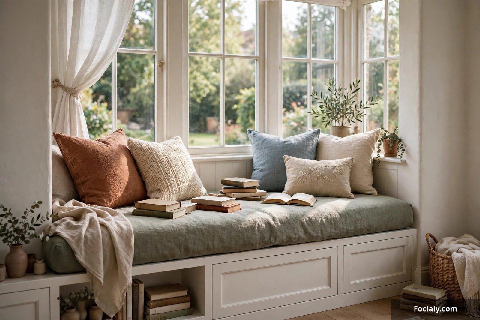 Cozy bedroom window reading nook with a daybed cushion, throw pillows and books