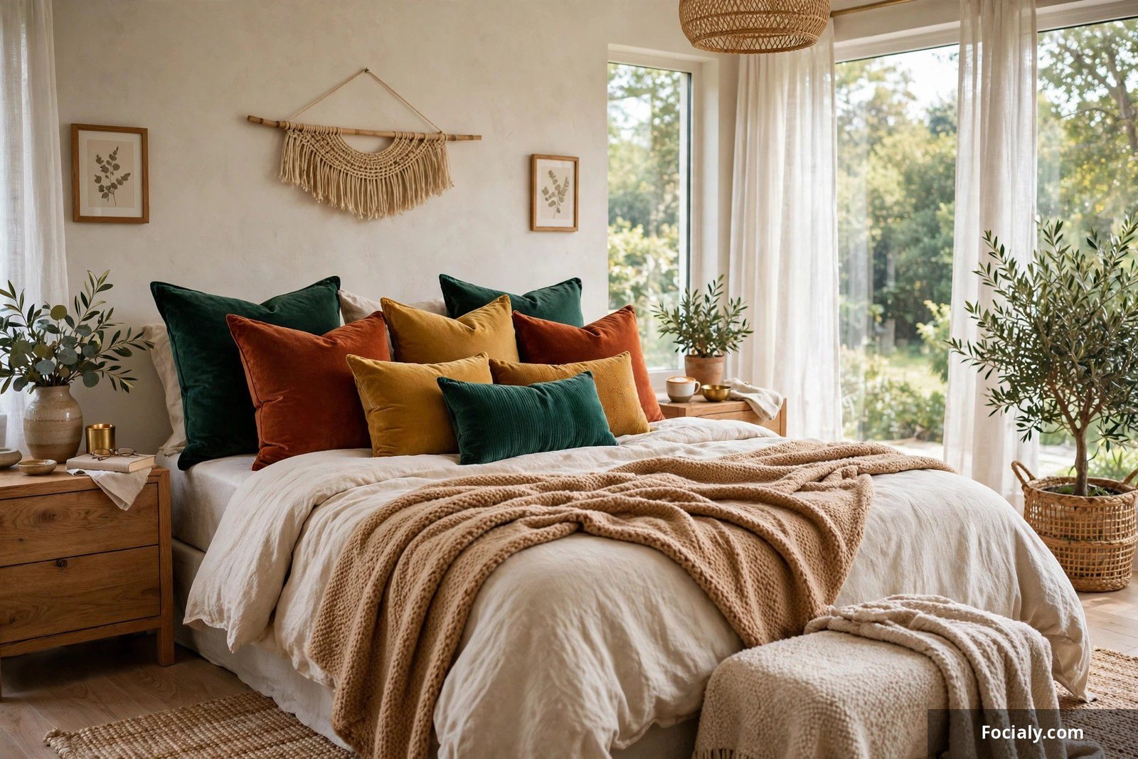 Bed styled with a mix of velvet throw pillows in emerald, rust and mustard tones