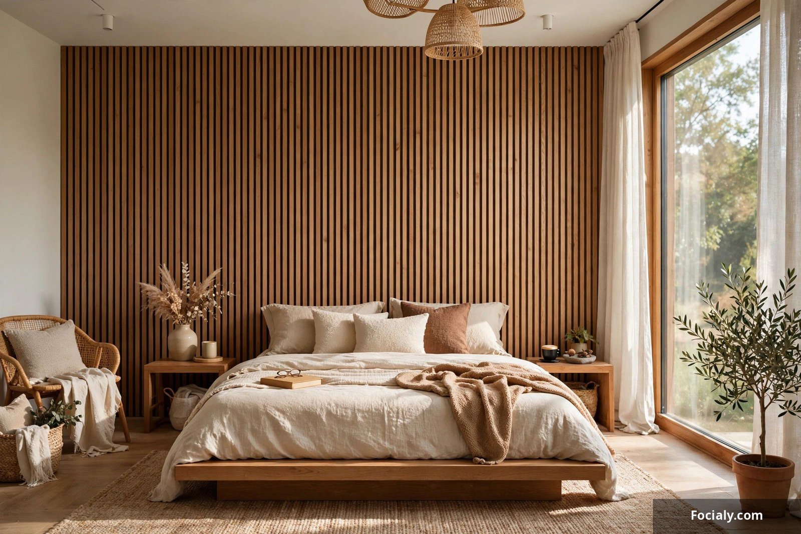 Bedroom with a vertical wood slat feature wall behind a low platform bed
