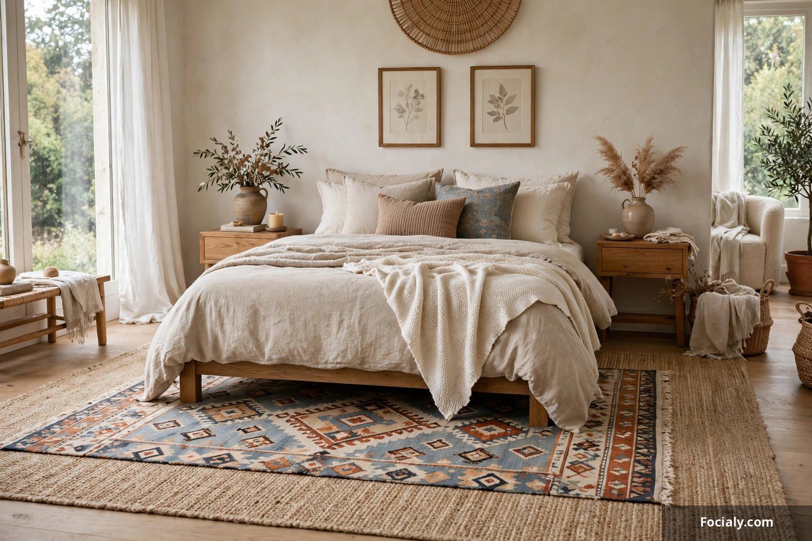 Bedroom with layered area rugs, a large neutral rug under a smaller patterned rug