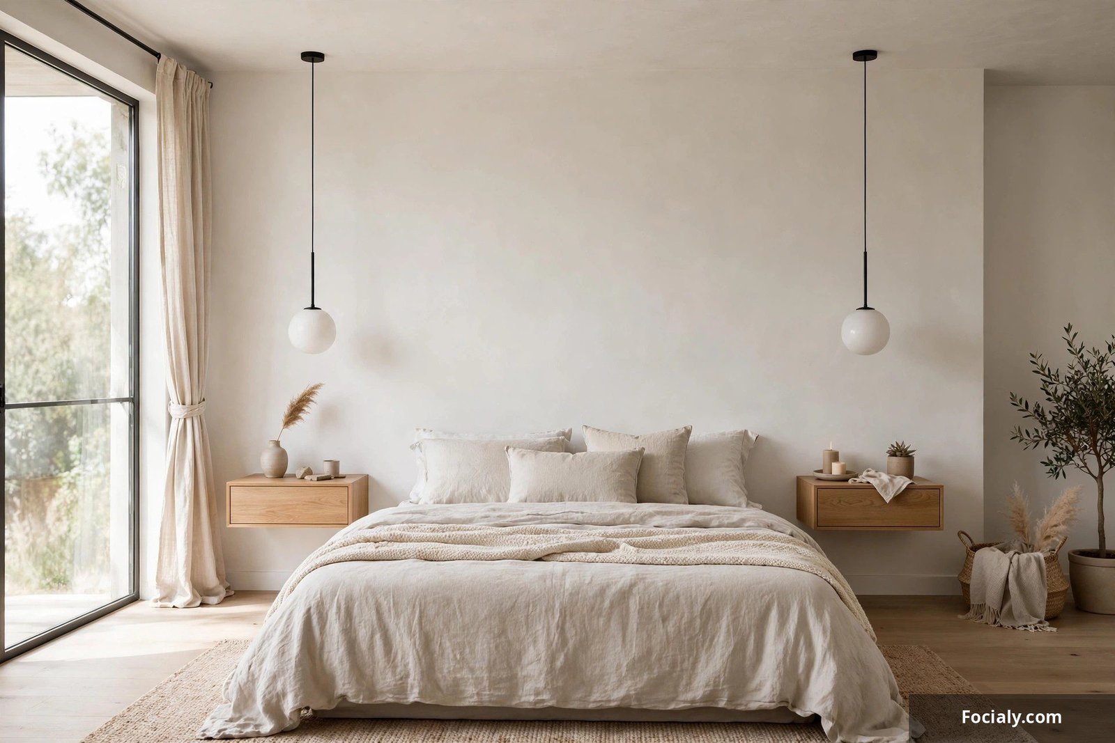 Modern bedroom with floating wall-mounted nightstands and pendant lights above