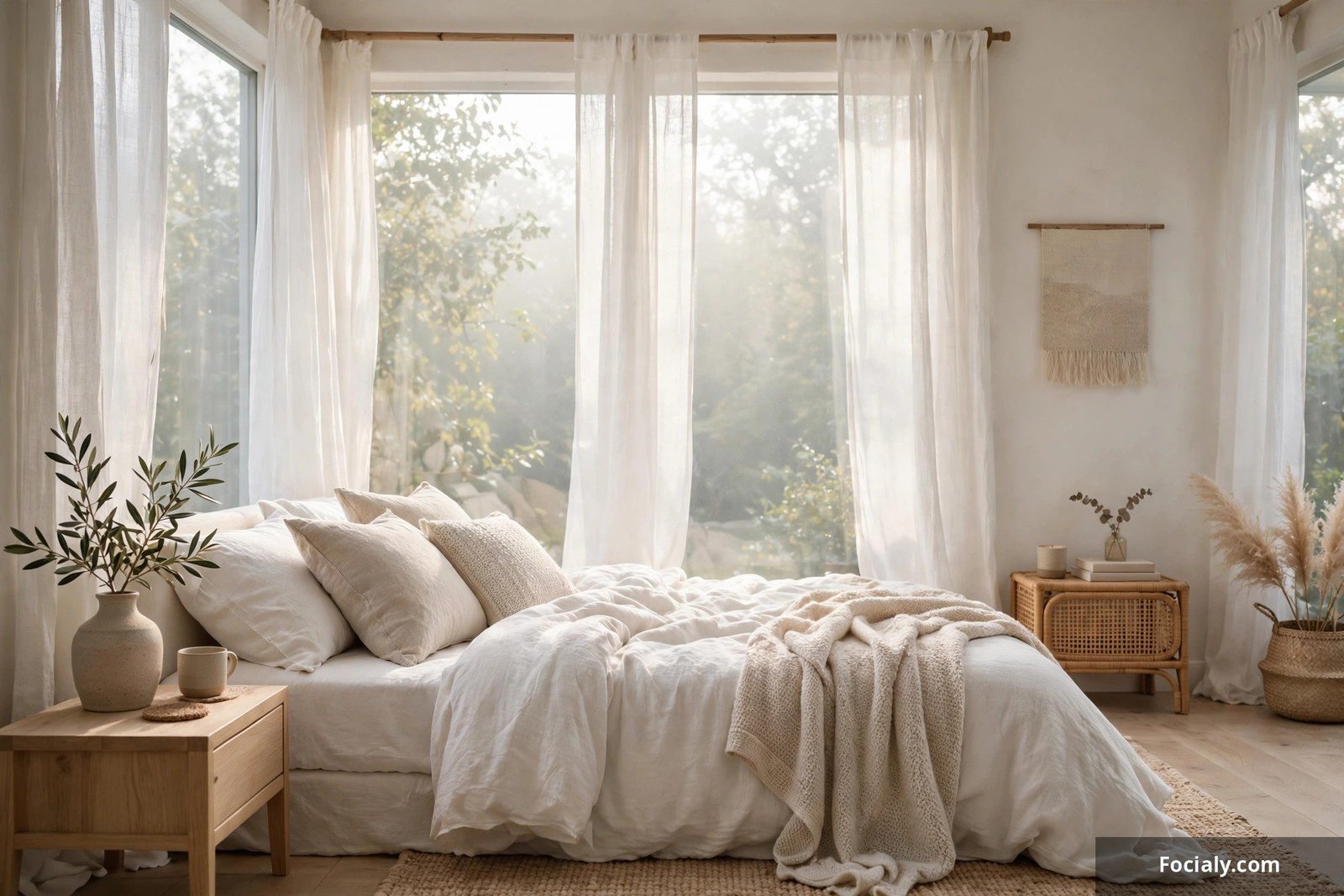 Bedroom with sheer white linen curtains letting in soft diffused morning light