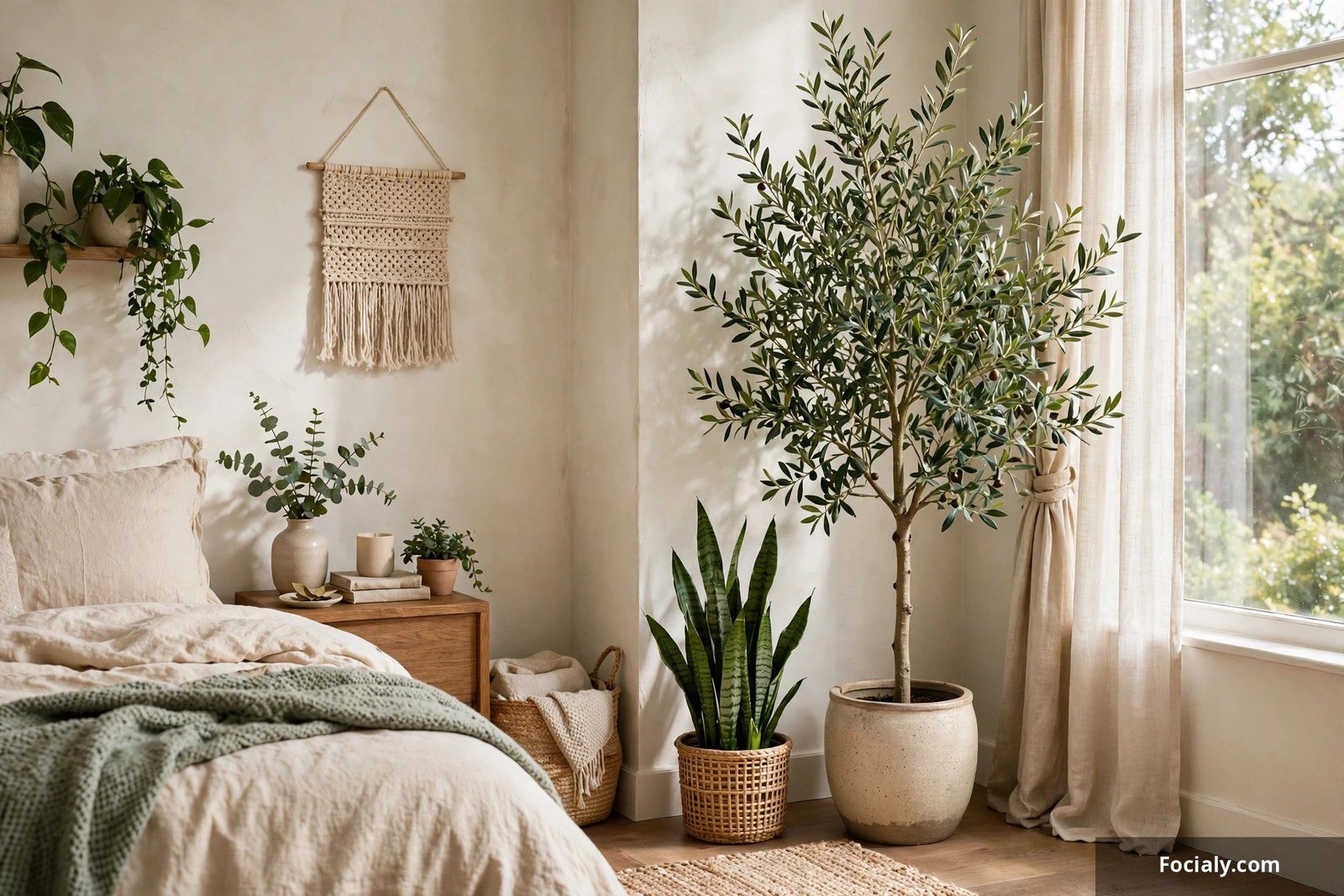 Bedroom corner with a tall olive tree in a ceramic pot and a snake plant