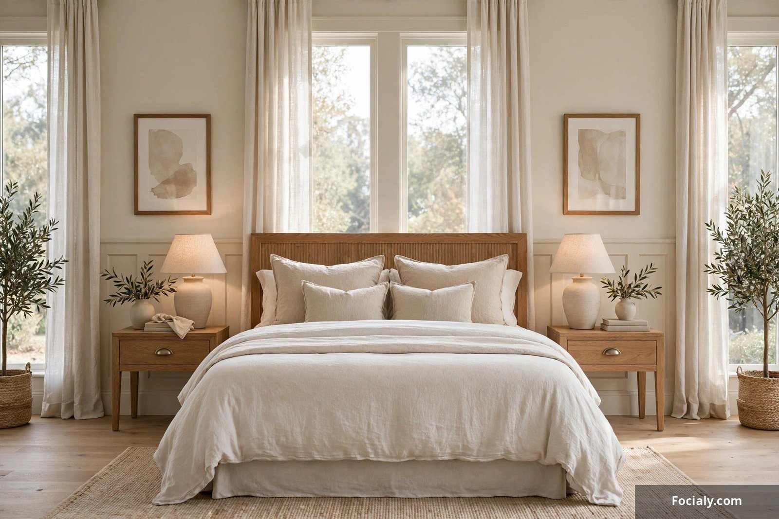 Symmetrical master bedroom with matching nightstands, lamps and art on both sides