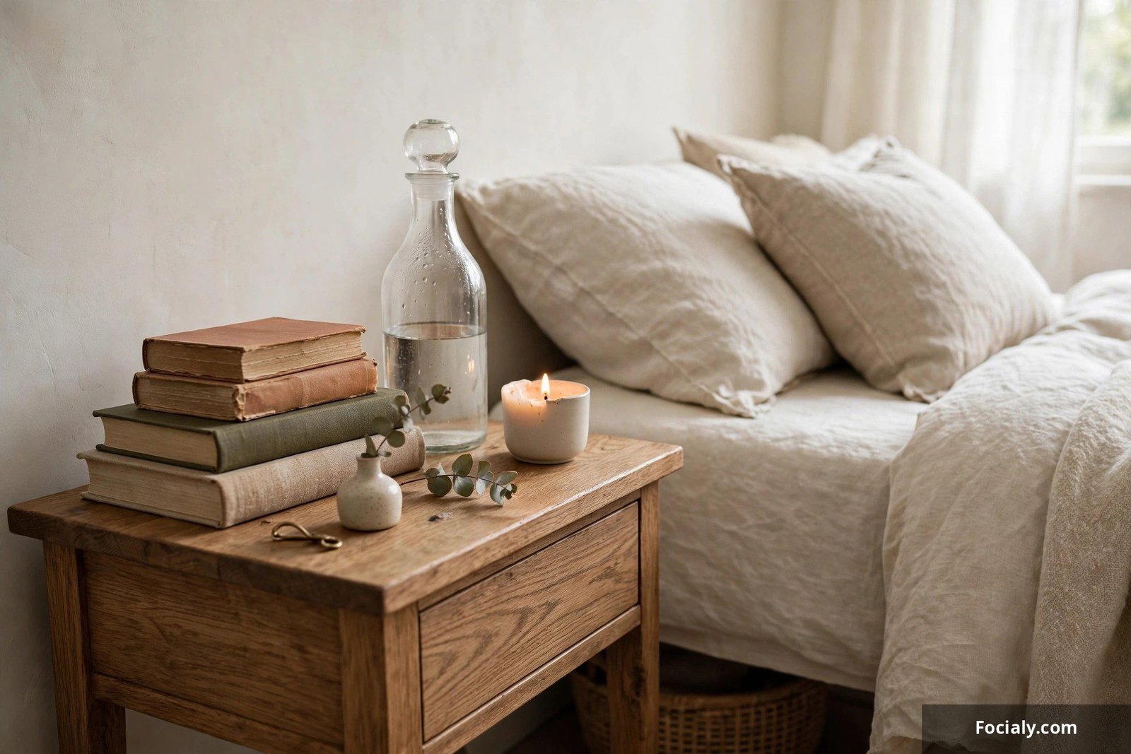 Styled wooden nightstand with stacked books, a glass water carafe and a small candle