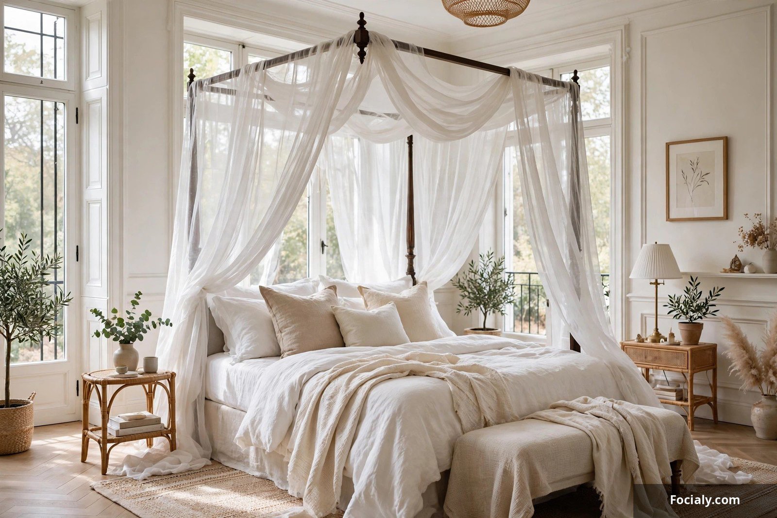 Canopy bed with draped sheer white fabric in an elegant bright bedroom