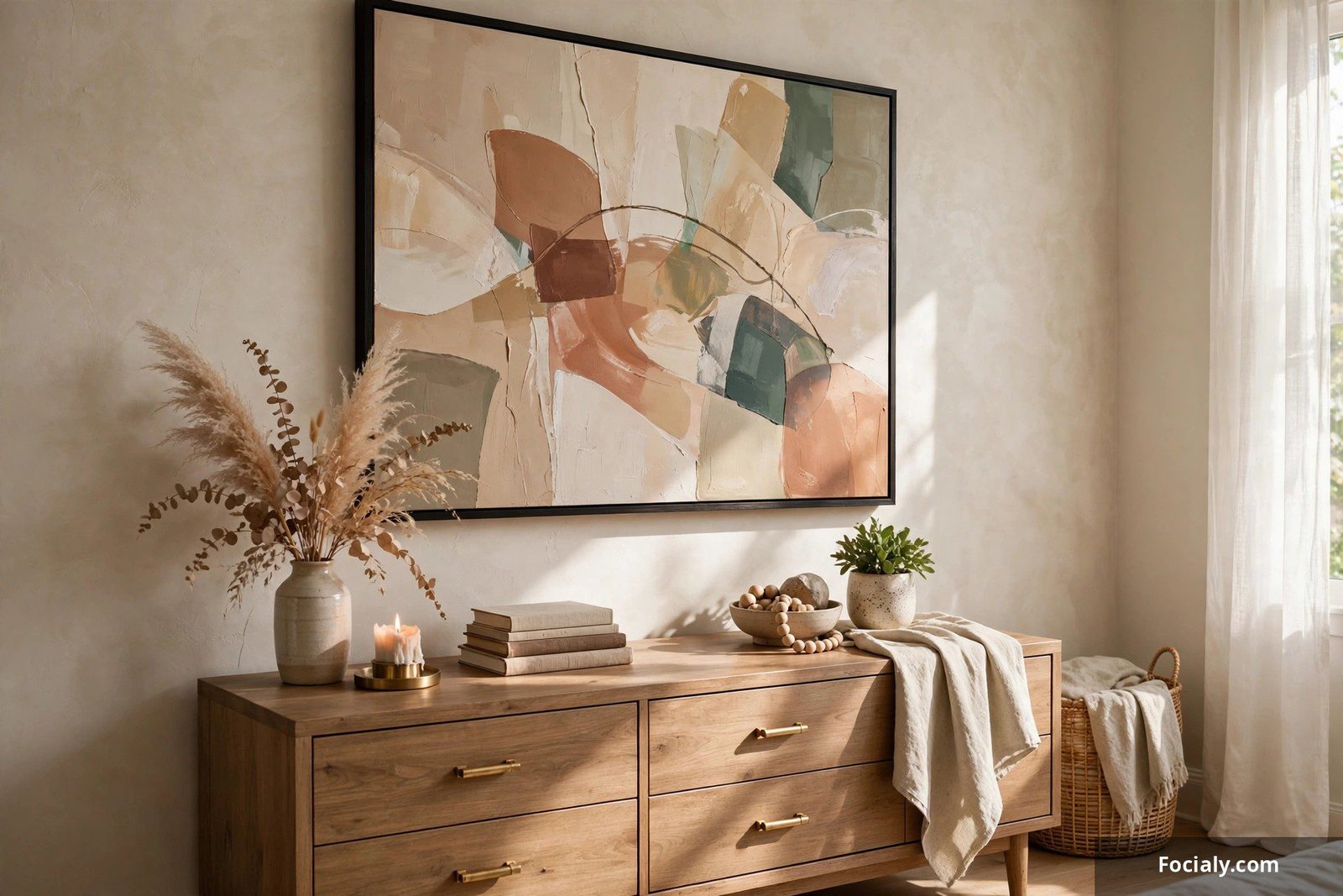 Bedroom dresser with one large abstract art piece hung above it