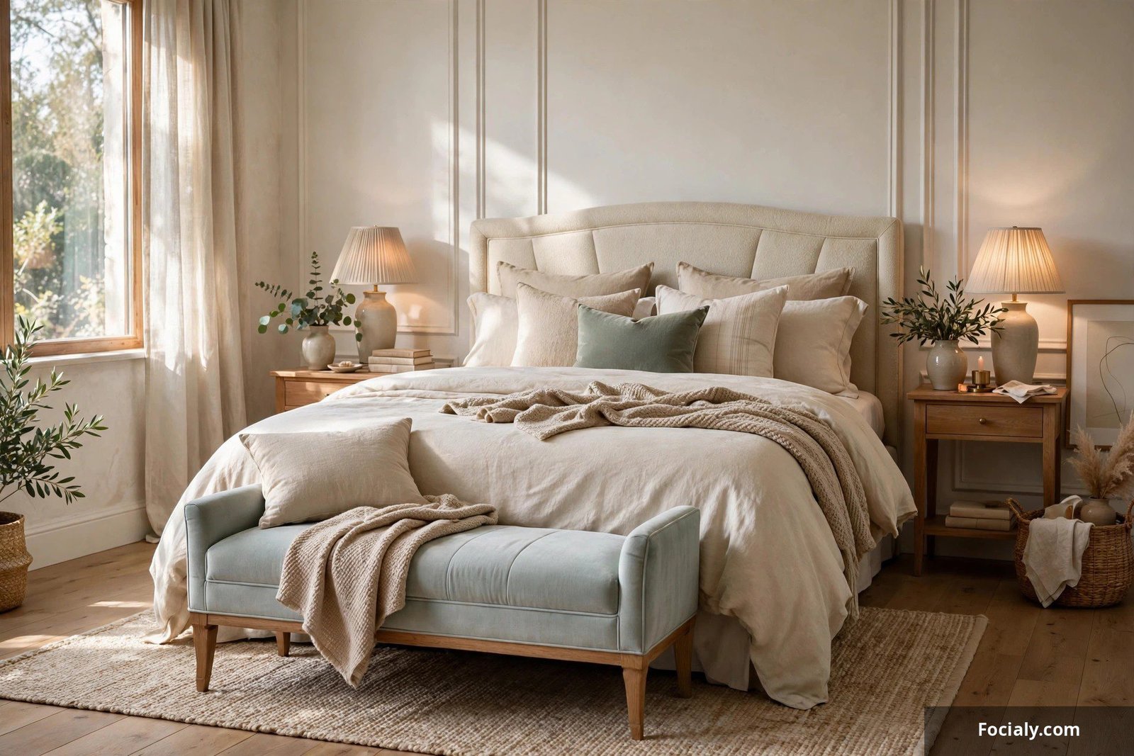 Upholstered bench at the foot of a bed in a styled master bedroom