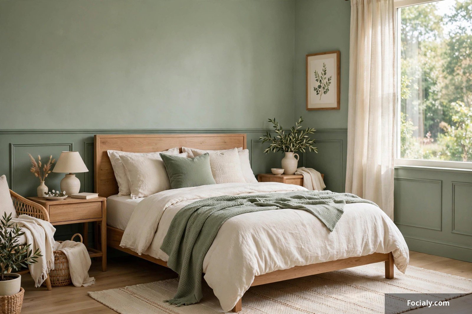 Serene bedroom in sage green and cream with natural wood accents