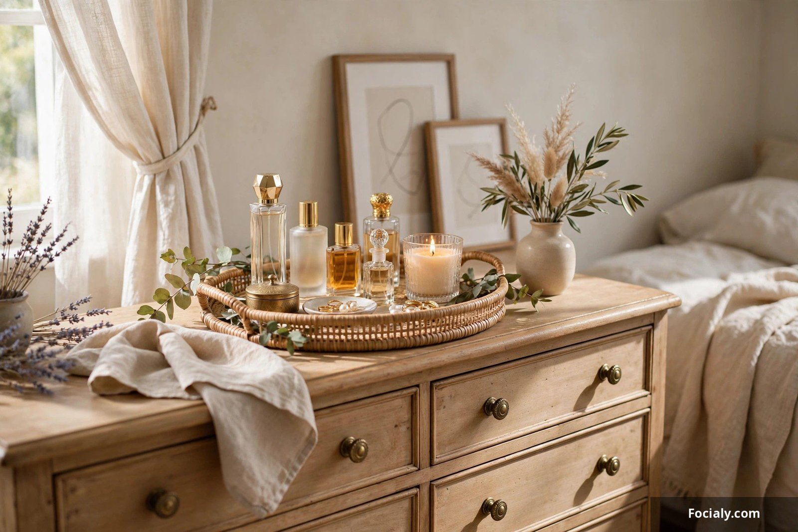 Decorative tray on a bedroom dresser holding perfume bottles and a candle