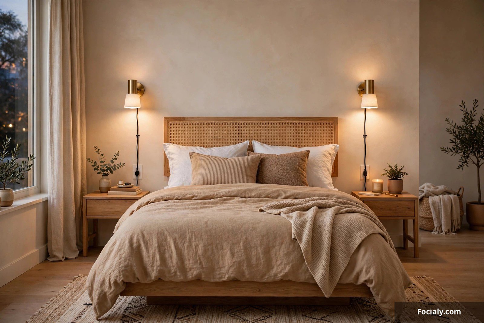 Bedroom with plug-in wall sconces mounted beside the bed, cords neatly managed