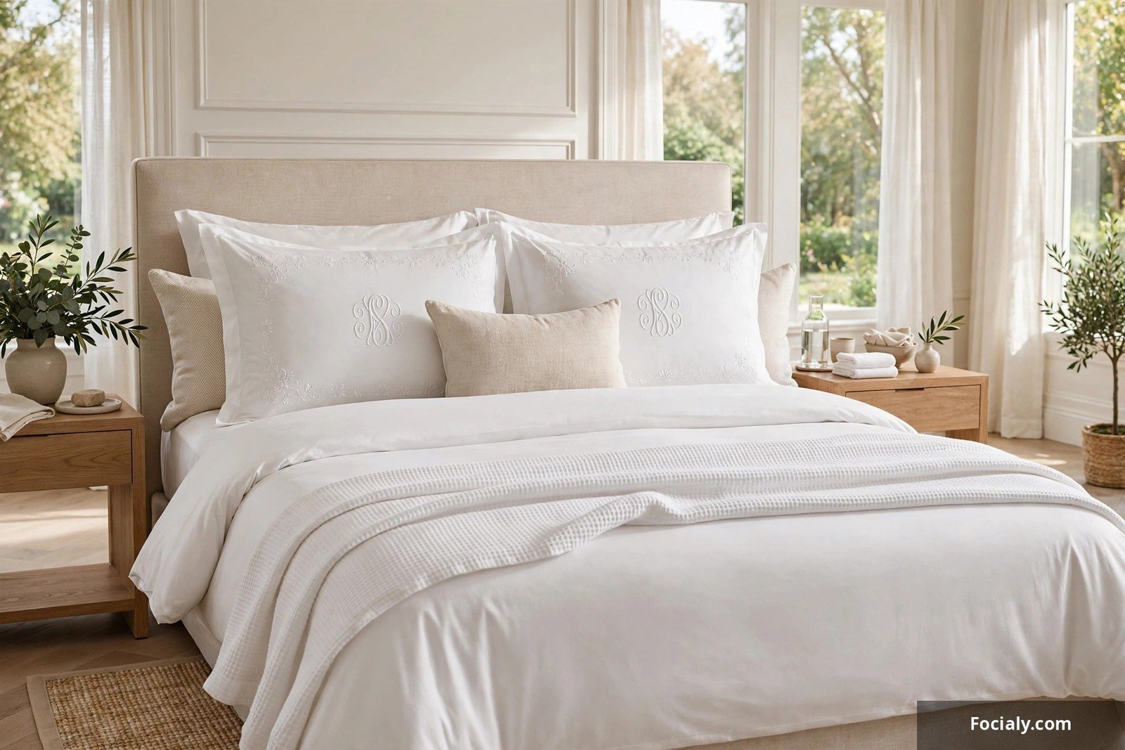 Crisp white bedding with elegant embroidered monogram detail on pillow shams