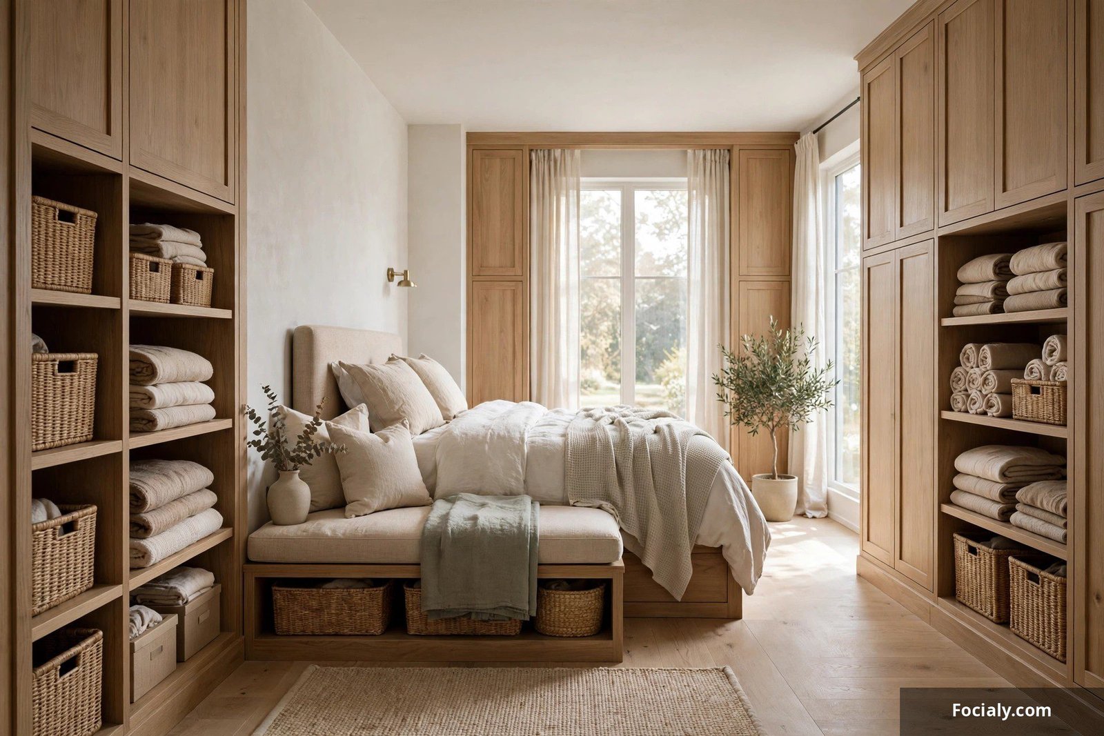 Bedroom with built-in style wardrobes and storage bench keeping the room clutter-free