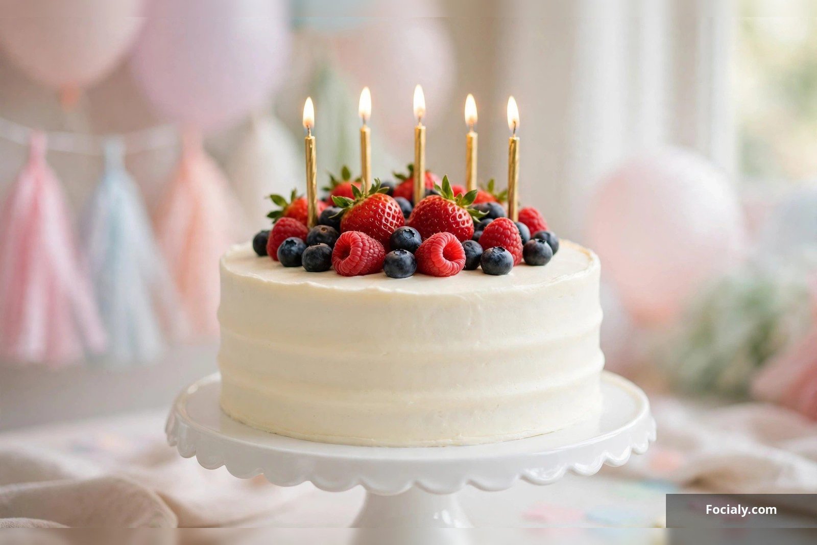Classic vanilla buttercream birthday cake topped with fresh strawberries, blueberries and lit candles