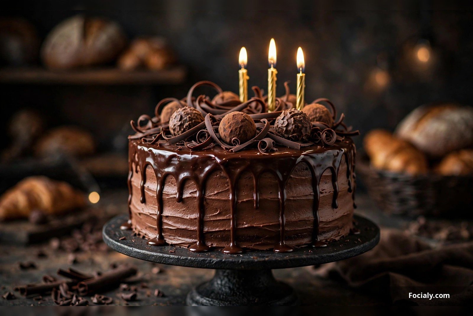 Chocolate drip birthday cake with glossy ganache, chocolate curls and gold candles