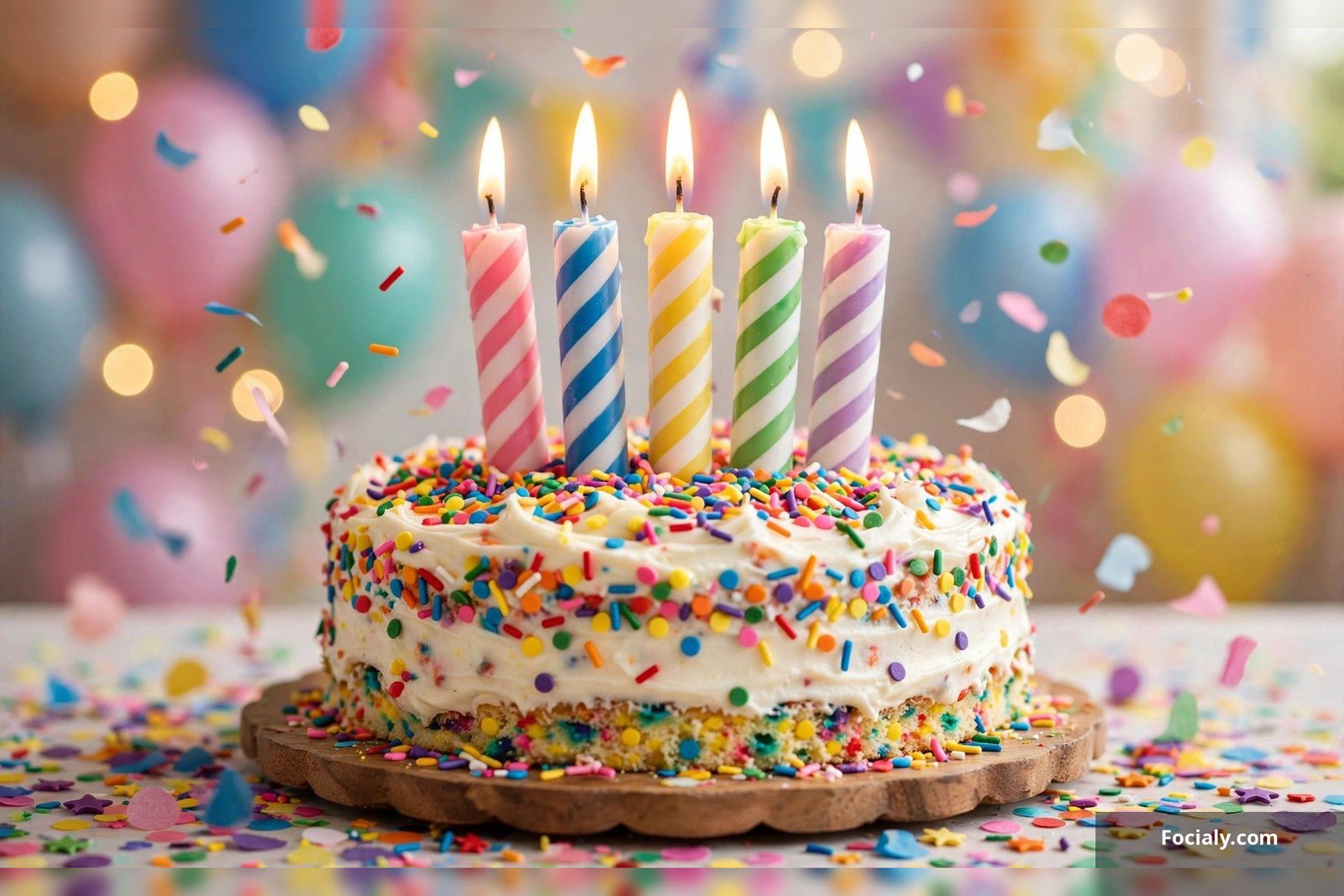 Rainbow sprinkle funfetti birthday cake with striped candles and confetti