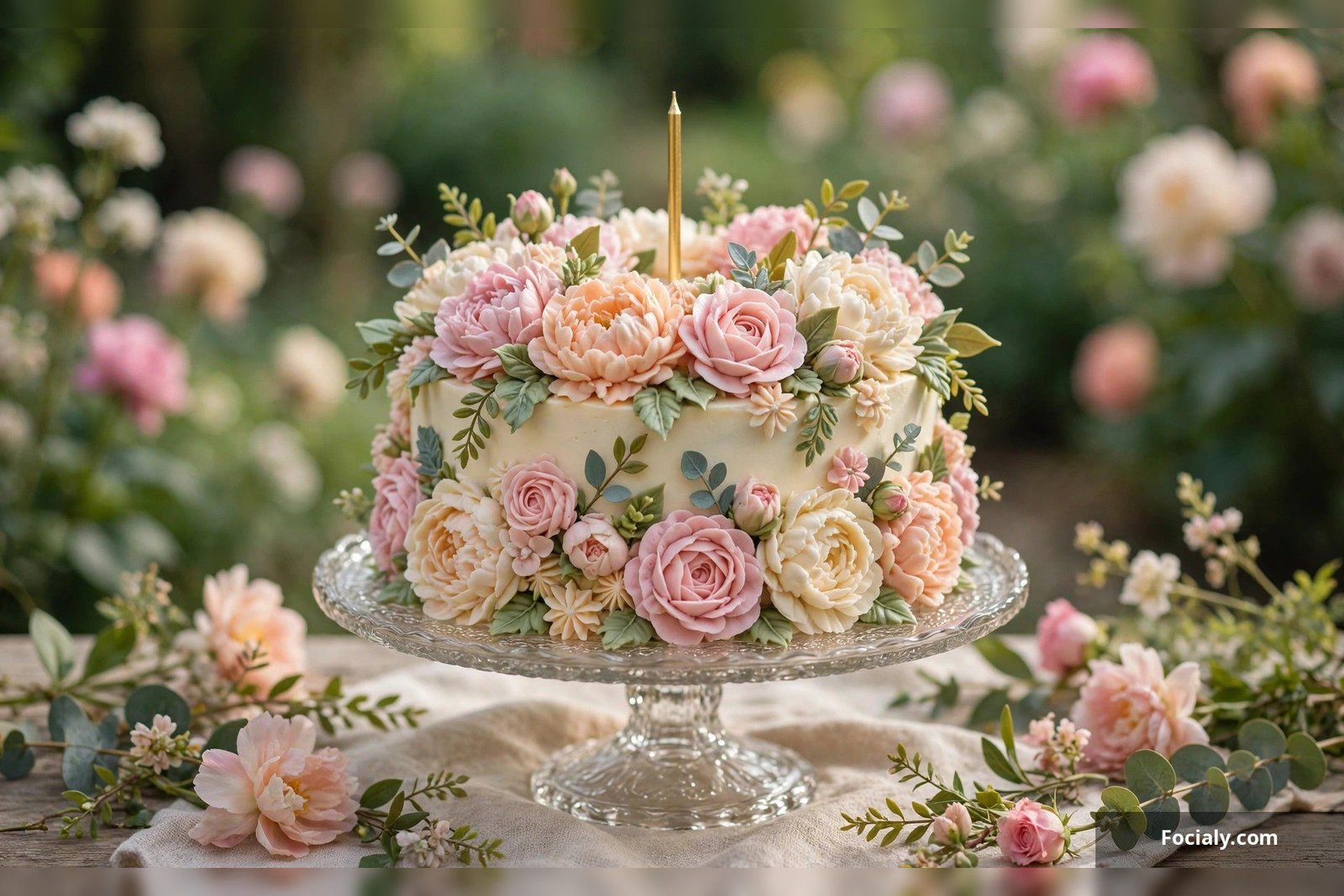Floral buttercream birthday cake with piped roses and peonies in pastel shades