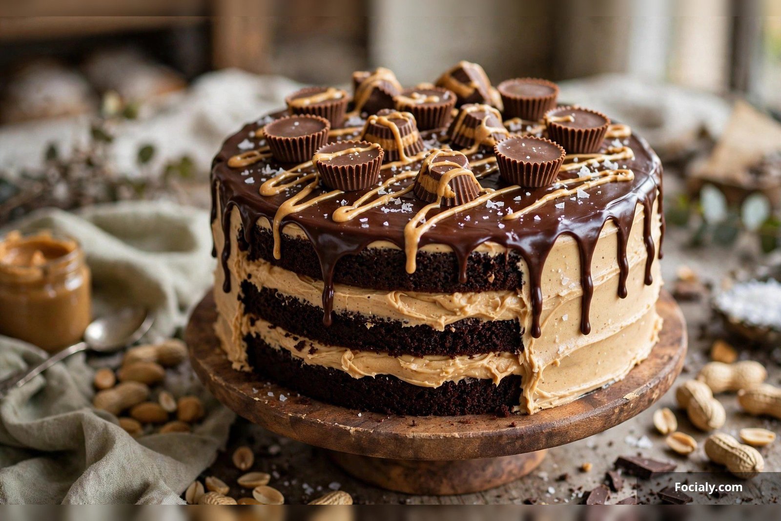 Chocolate peanut butter birthday cake topped with mini peanut butter cups and a peanut butter drizzle