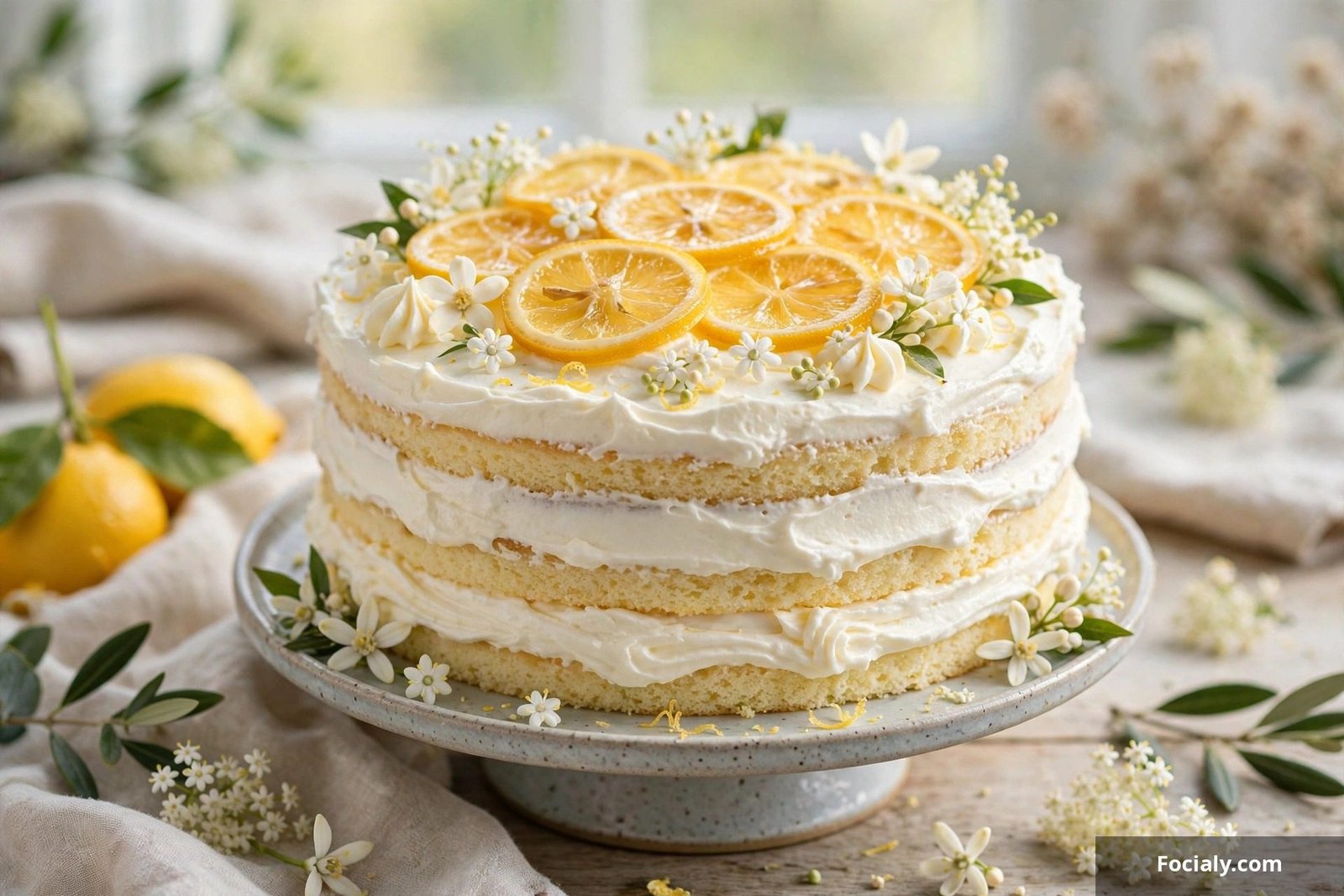 Lemon elderflower birthday cake with candied lemon slices and delicate white flowers