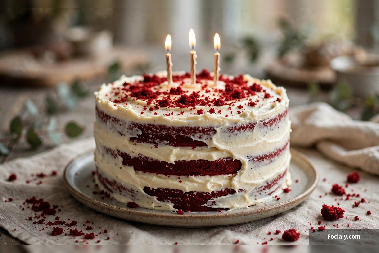 Red velvet birthday cake with cream cheese frosting and red velvet crumbs
