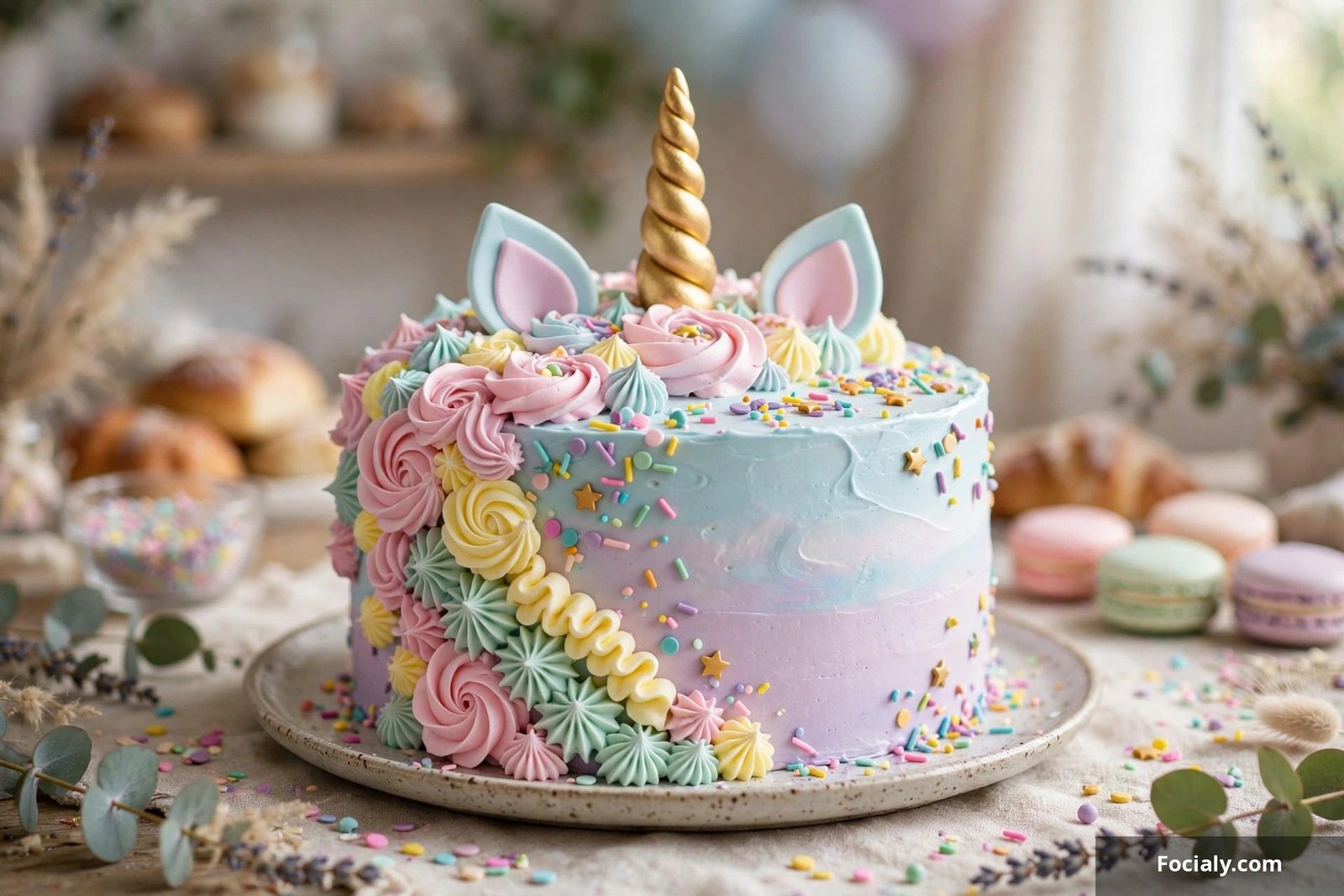 Pastel unicorn birthday cake with a golden horn, ears and rainbow mane