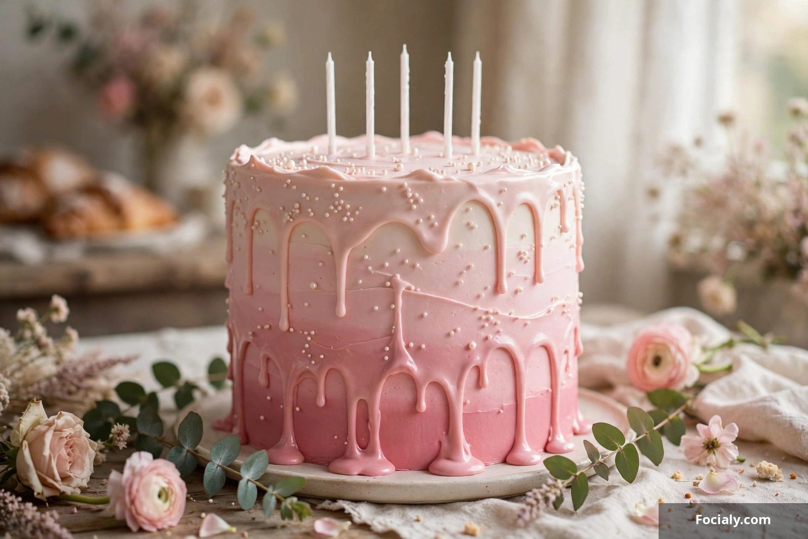 Pastel pink ombré birthday cake with smooth gradient frosting and delicate candles