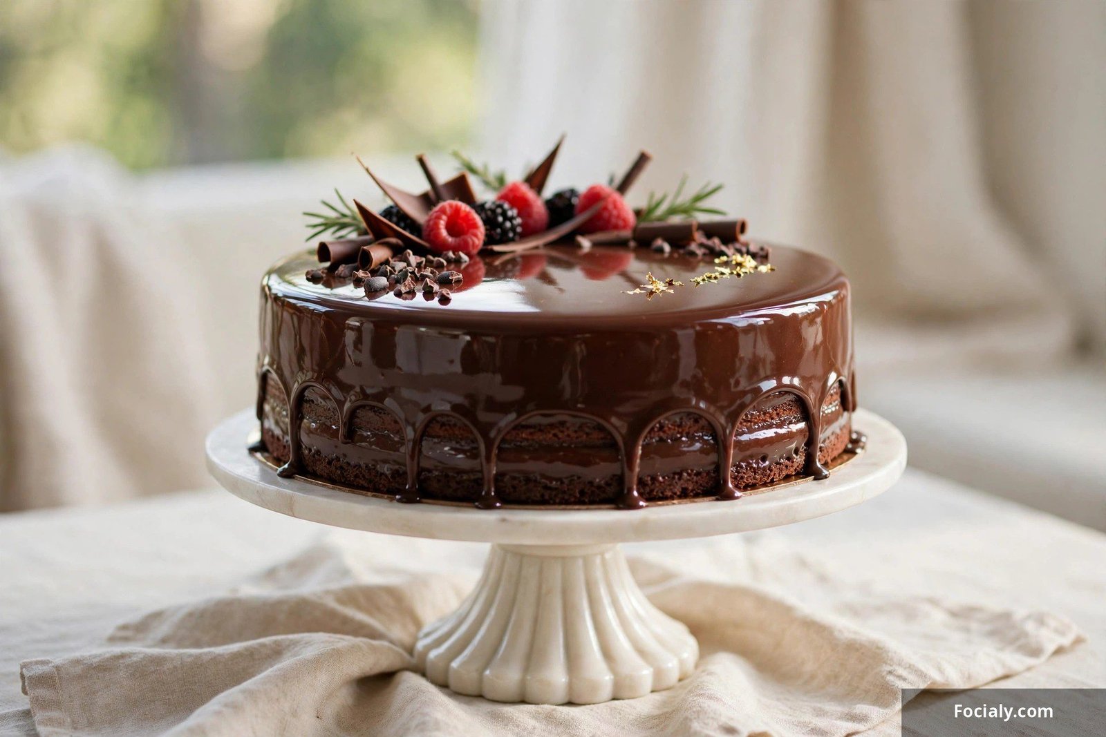Chocolate mirror glaze birthday cake with a glossy reflective ganache finish