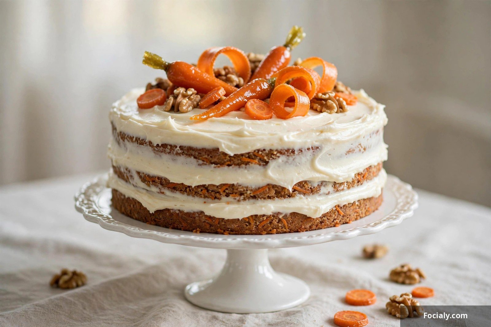 Spiced carrot birthday cake with cream cheese frosting, walnuts and candied carrots
