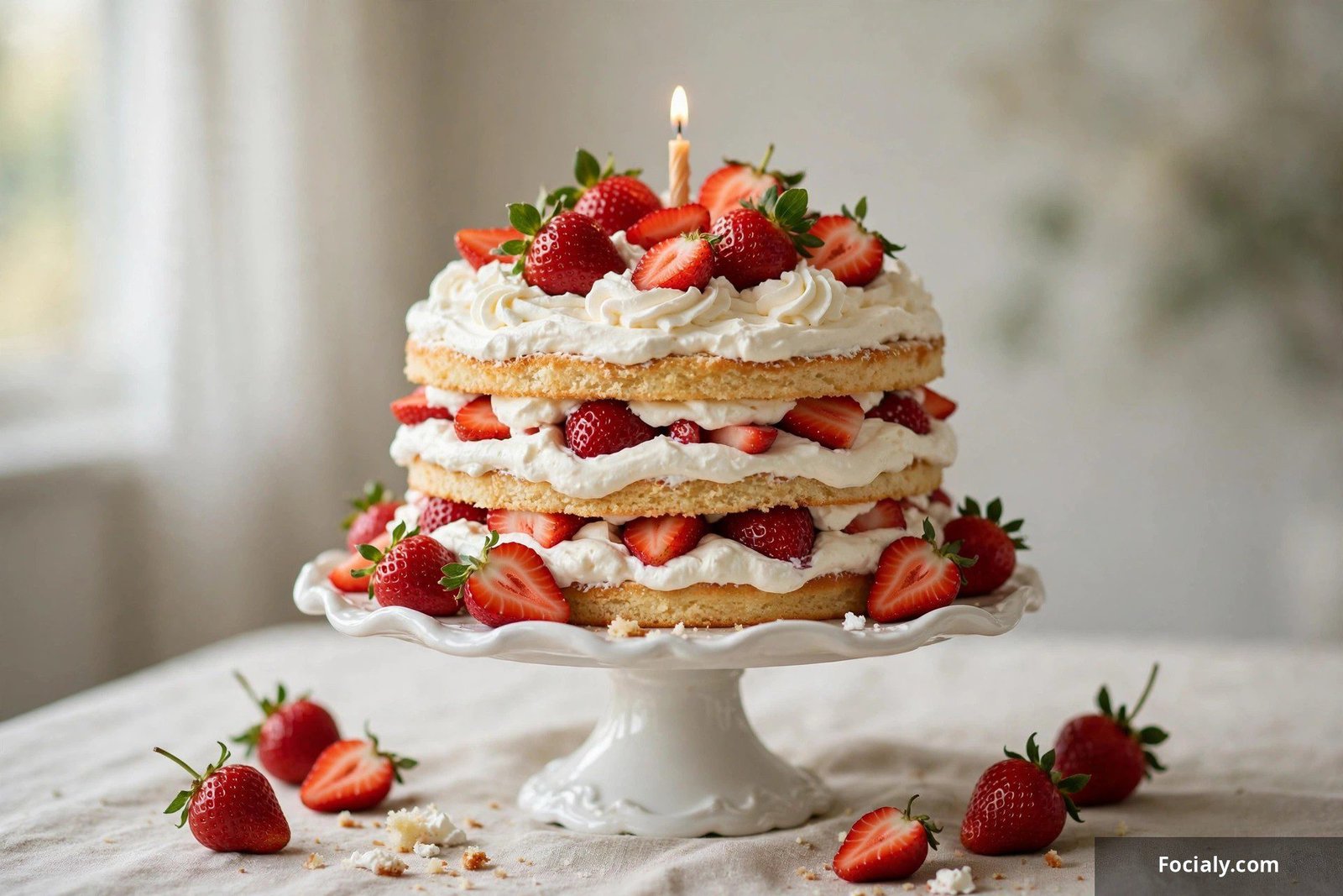 Strawberry shortcake birthday cake stacked with whipped cream and fresh strawberries