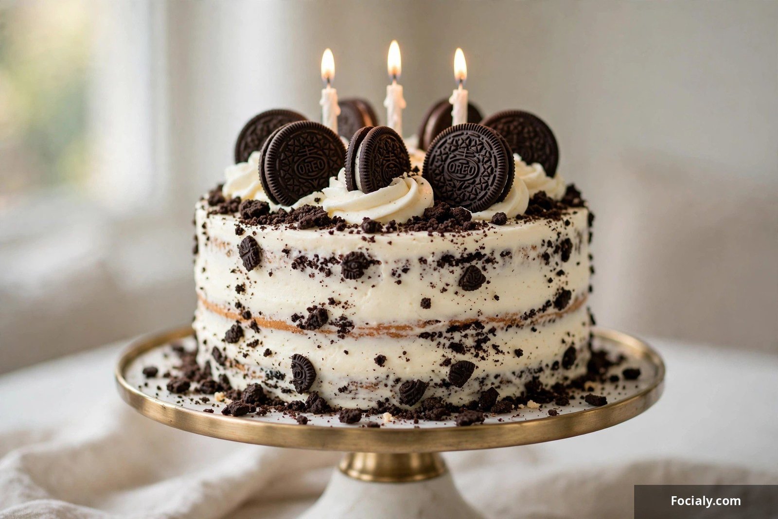 Cookies and cream birthday cake with Oreo crumbs, whole cookies and white frosting