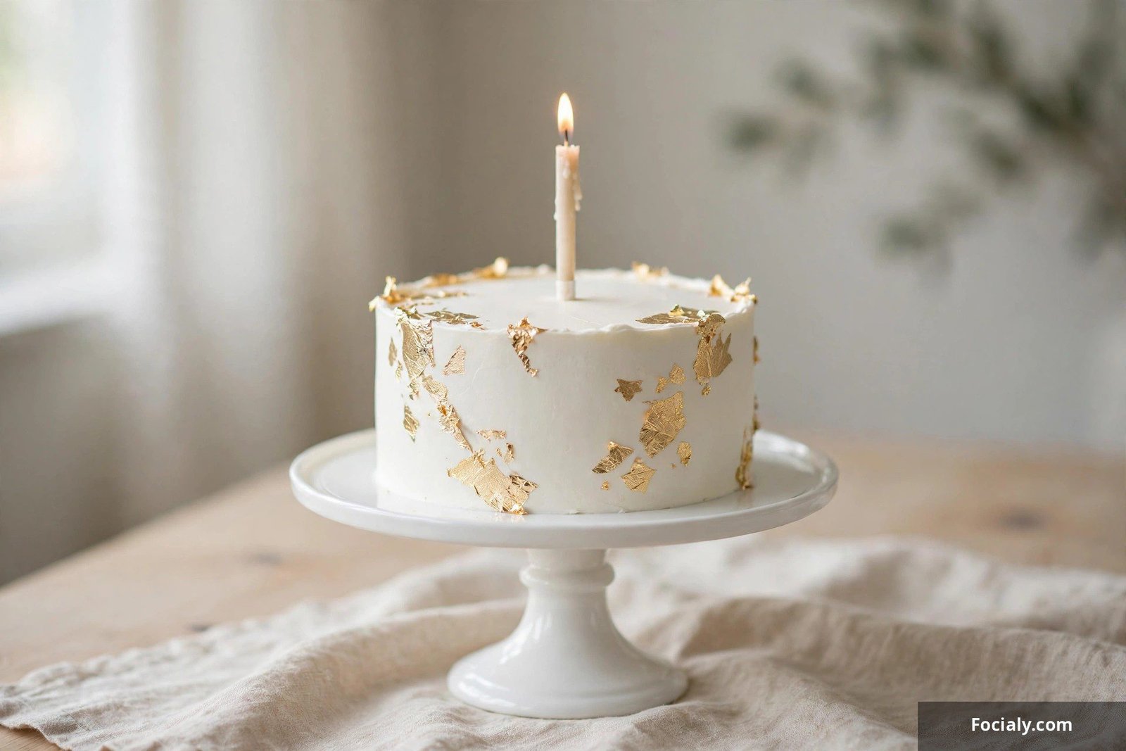 Minimalist white birthday cake with edible gold leaf accents and a single candle