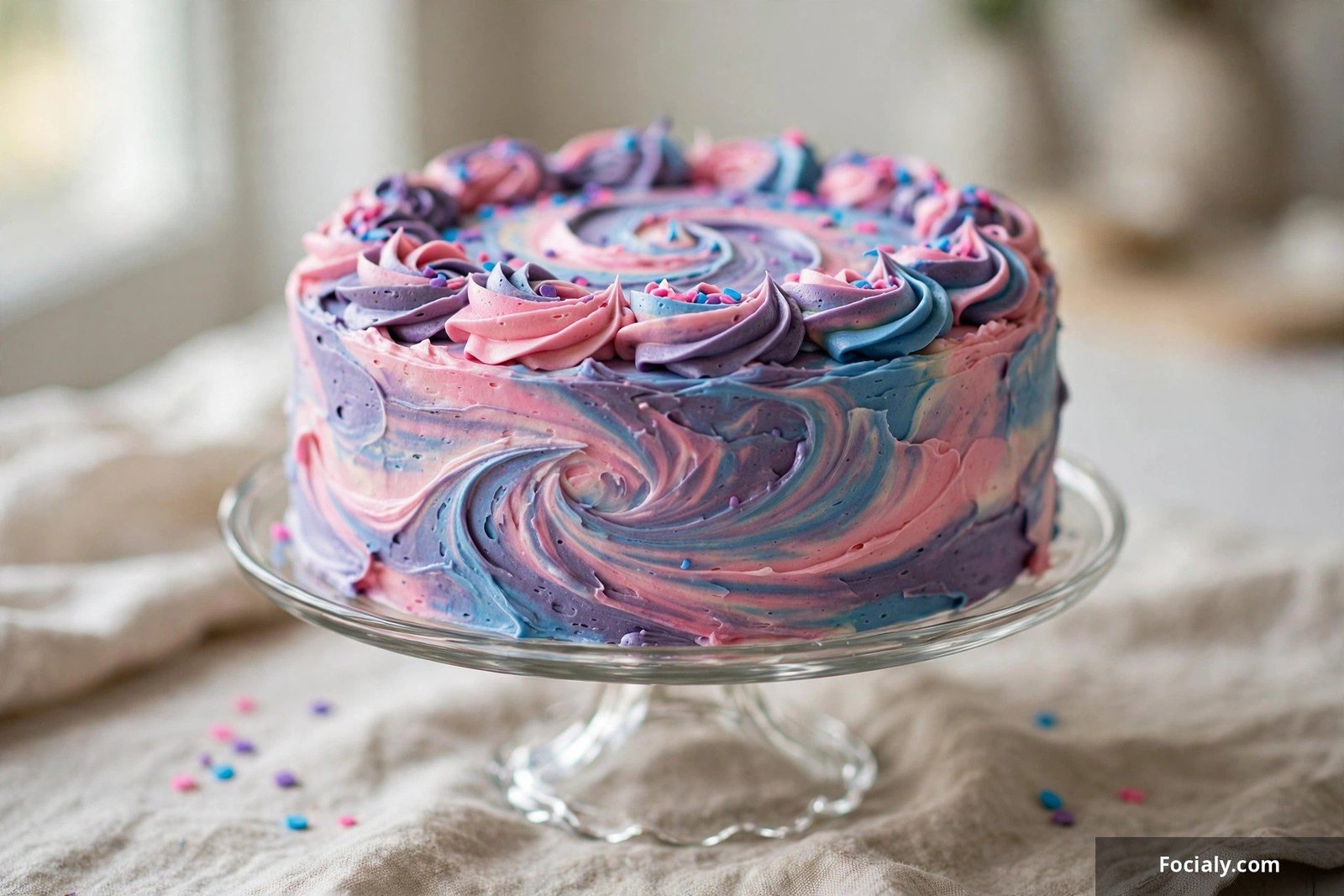 Tie-dye birthday cake with swirled rainbow buttercream in pink, blue and purple