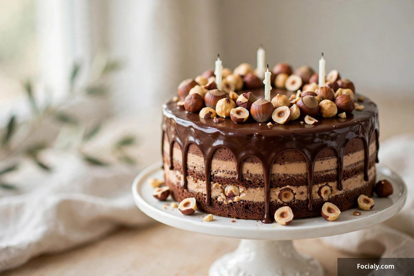 Chocolate hazelnut birthday cake with toasted hazelnuts and a glossy chocolate topping
