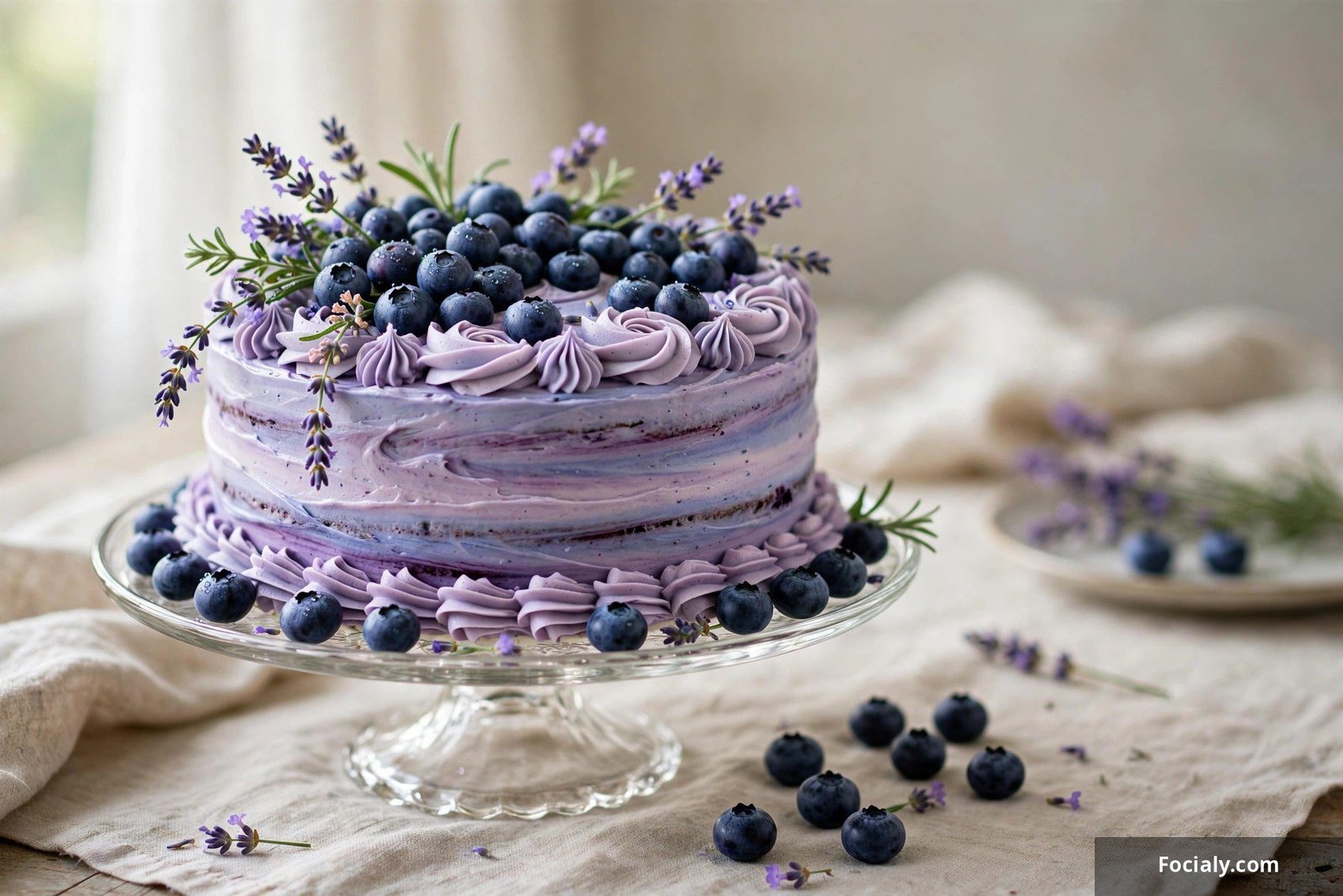 Blueberry lavender birthday cake with purple frosting and fresh blueberries