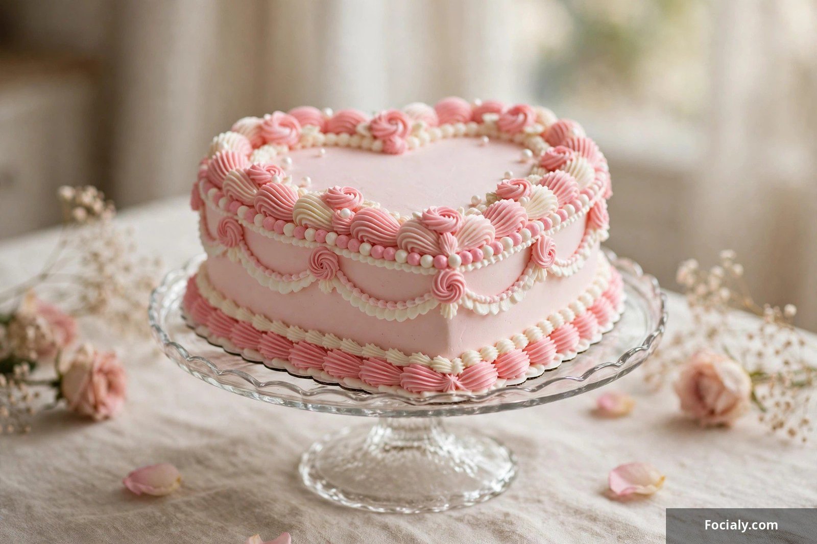 Vintage heart-shaped birthday cake with retro piped borders in pink and white