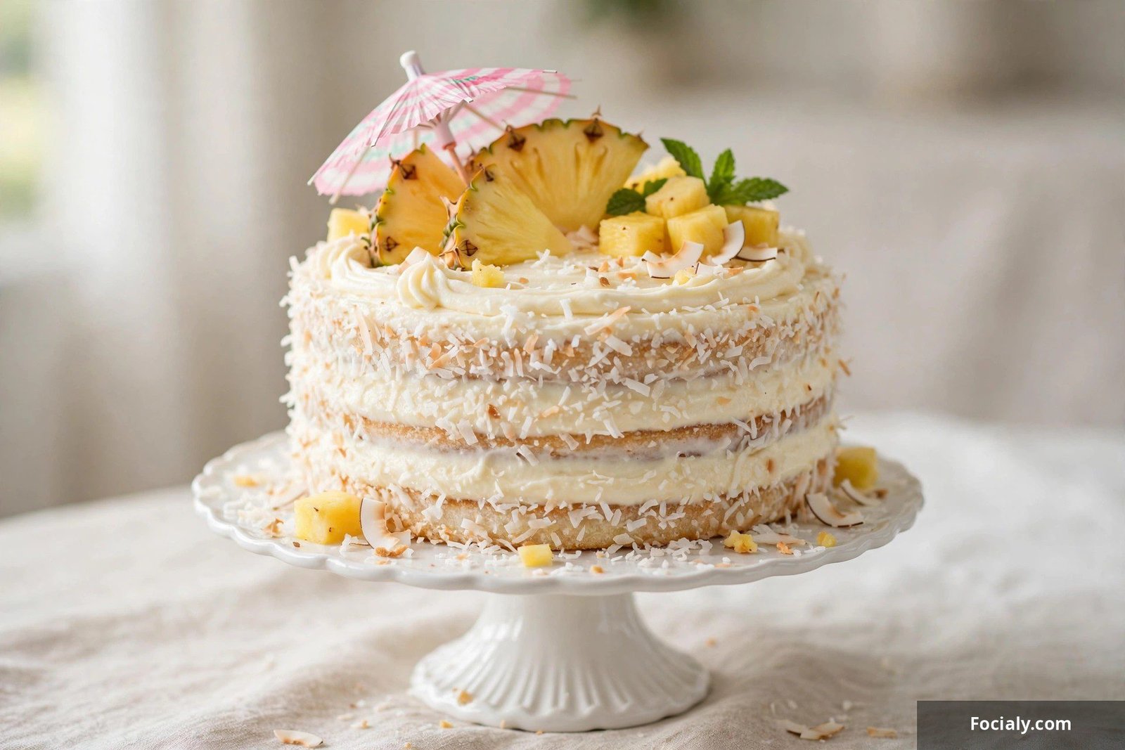 Tropical piña colada birthday cake with pineapple, coconut flakes and a cocktail umbrella
