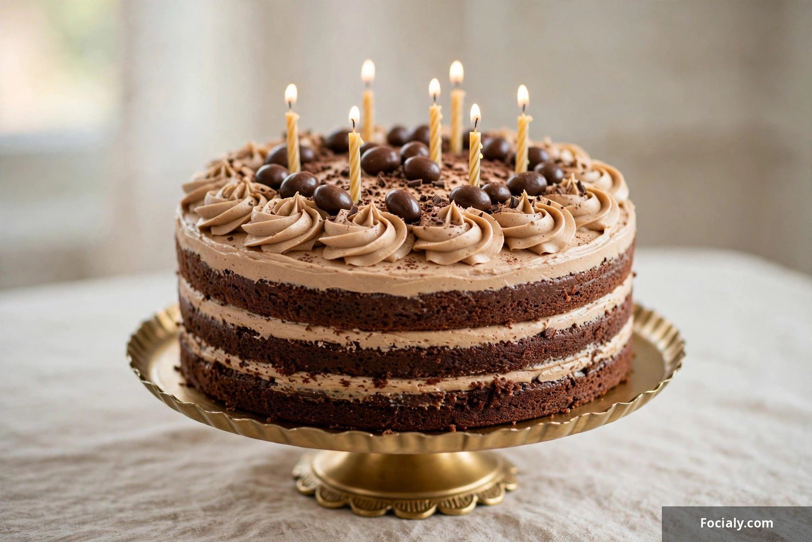 Coffee mocha birthday cake with espresso buttercream and chocolate-covered coffee beans