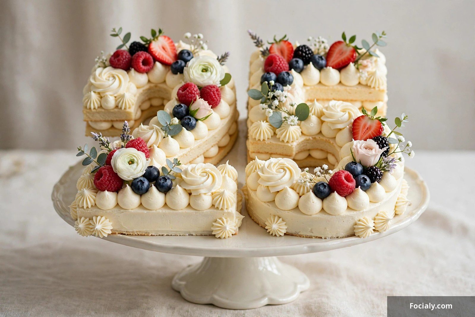 Number-shaped birthday cake decorated with piped frosting dollops, berries and flowers