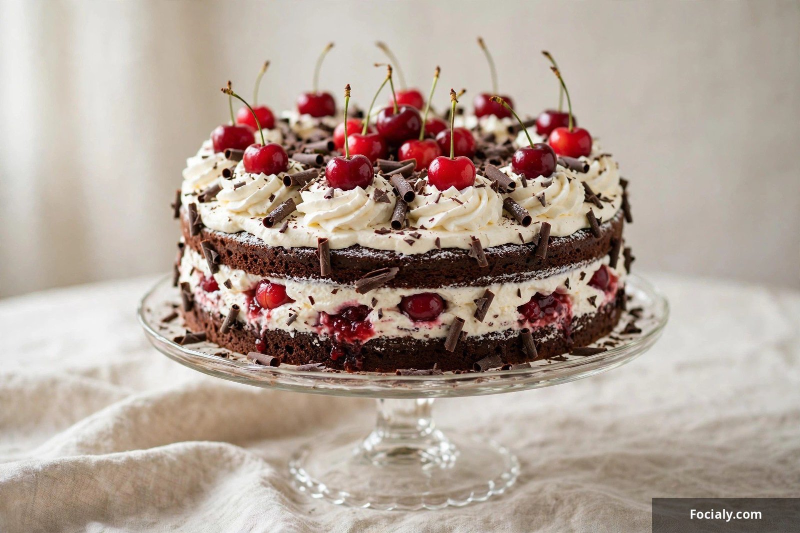 Black forest birthday cake with cherries, whipped cream and chocolate shavings