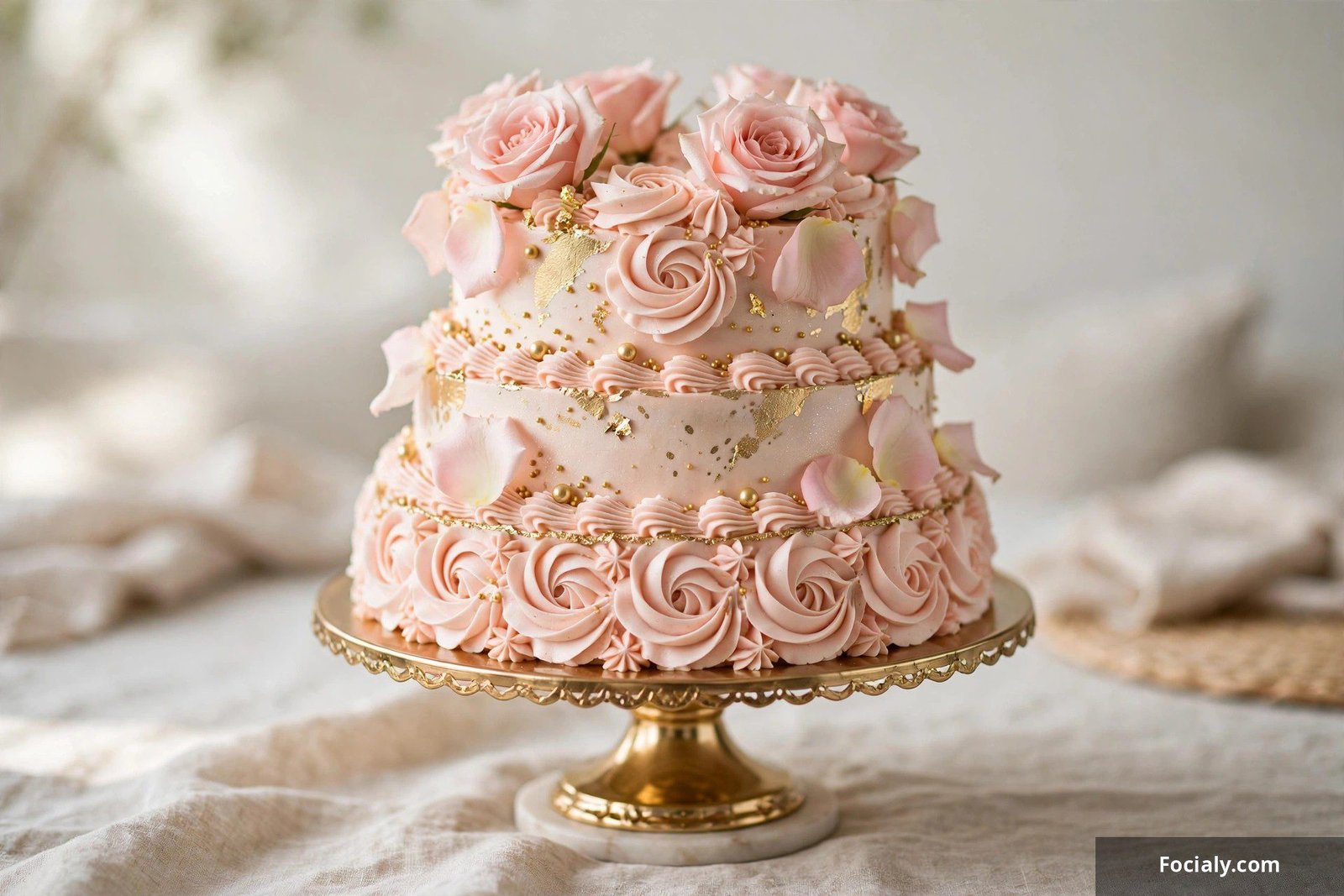 Blush pink rosé champagne birthday cake with elegant frosting and gold accents