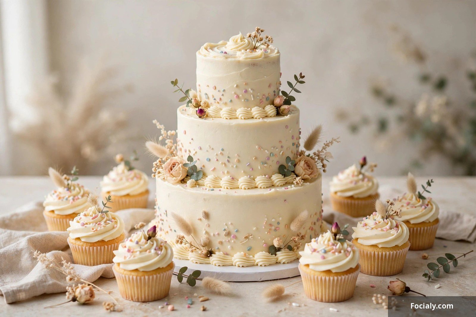 Birthday cake tower with a mini cake on top surrounded by matching cupcakes