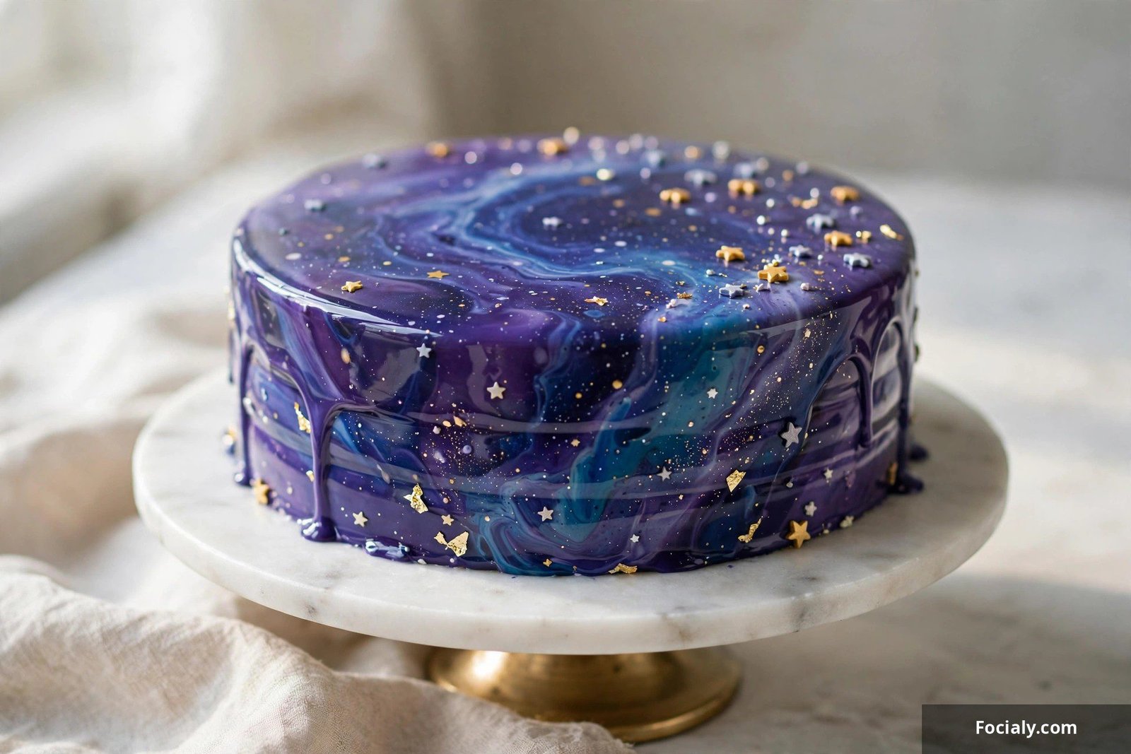 Cosmic galaxy birthday cake with a purple and blue mirror glaze and edible stars
