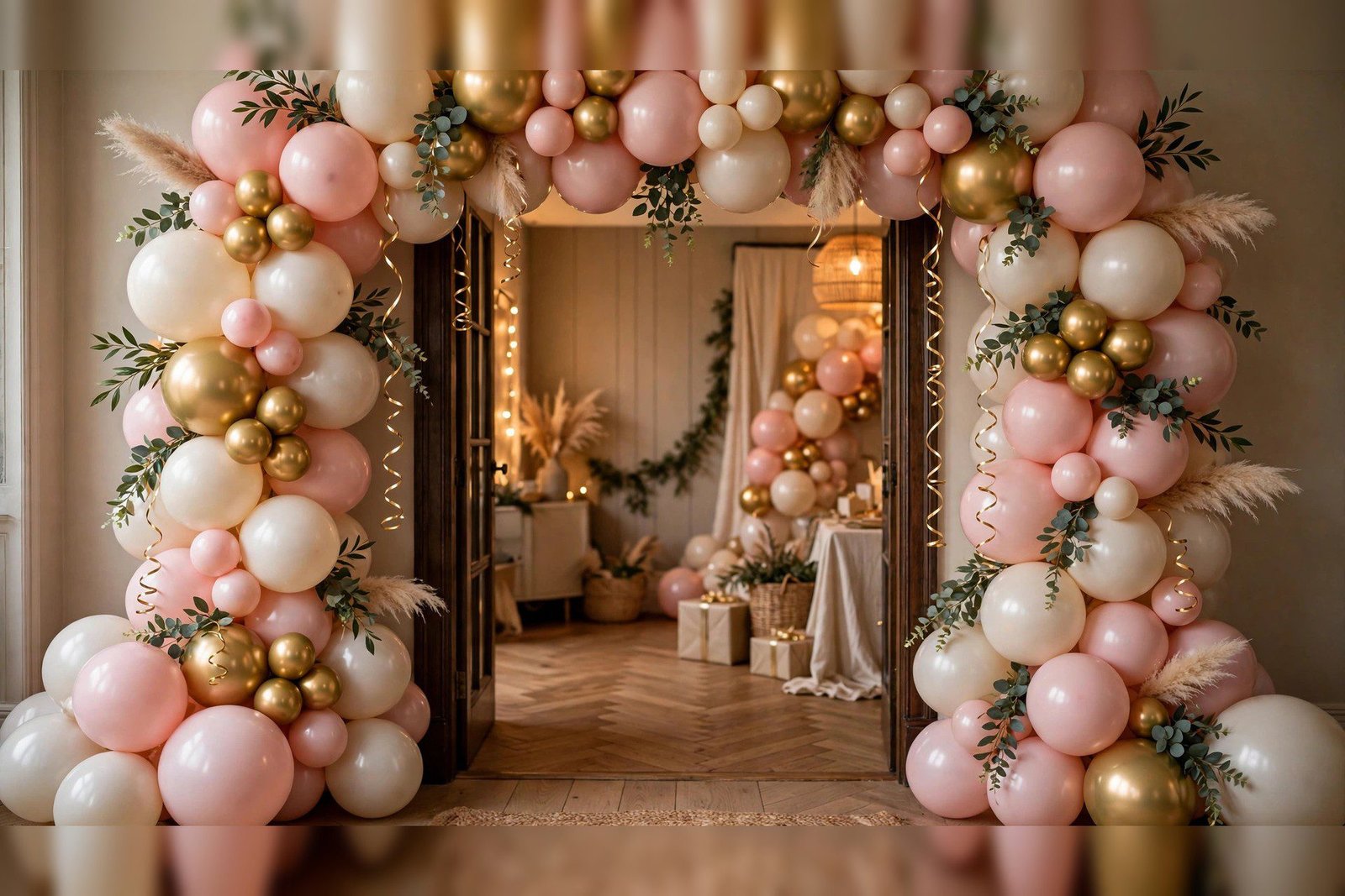 Balloon garland arch in blush pink and gold framing a doorway
