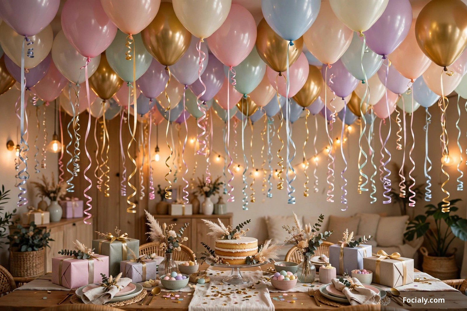 Ceiling covered with floating balloons and curling ribbons