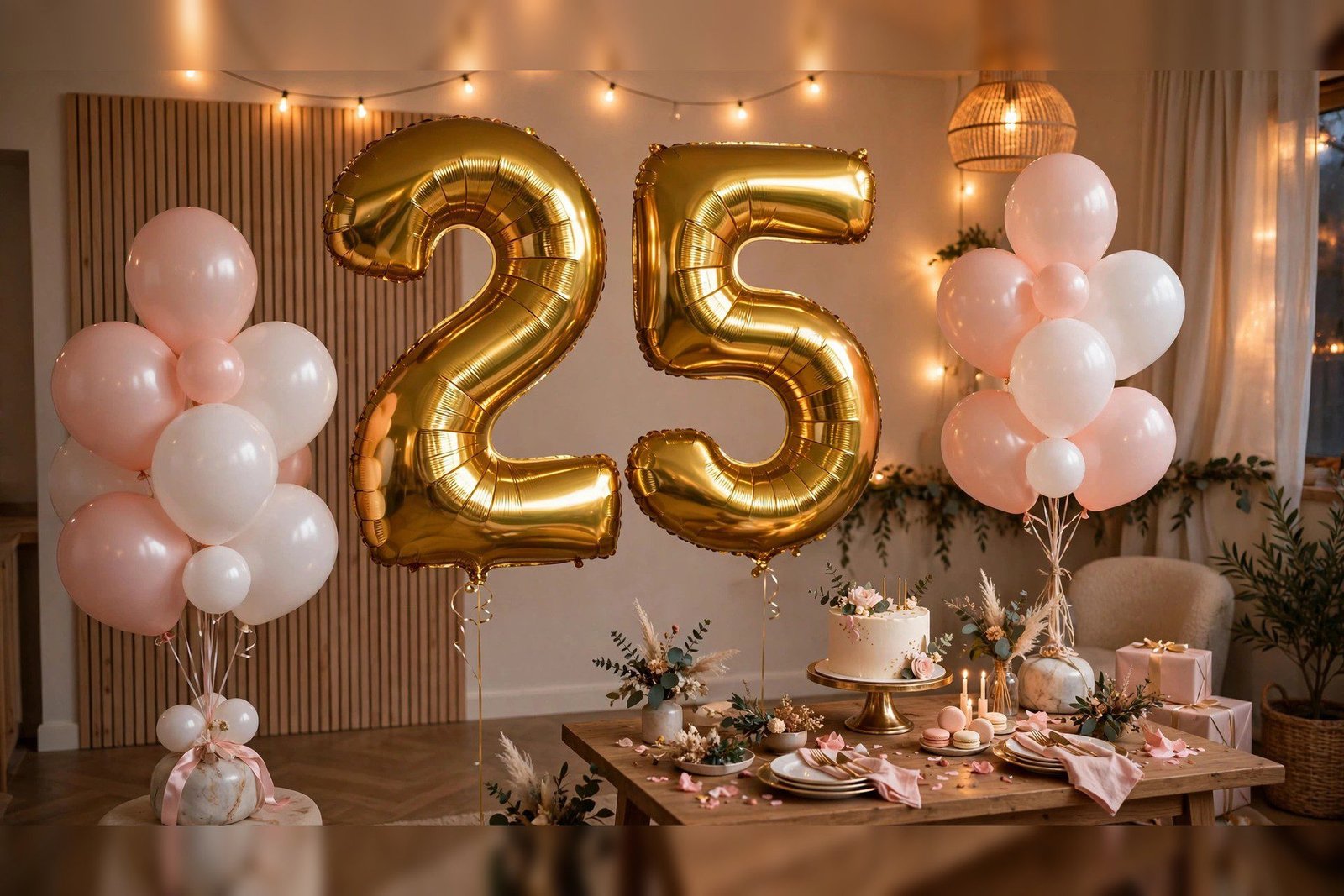Large gold foil number balloons standing in a decorated party room