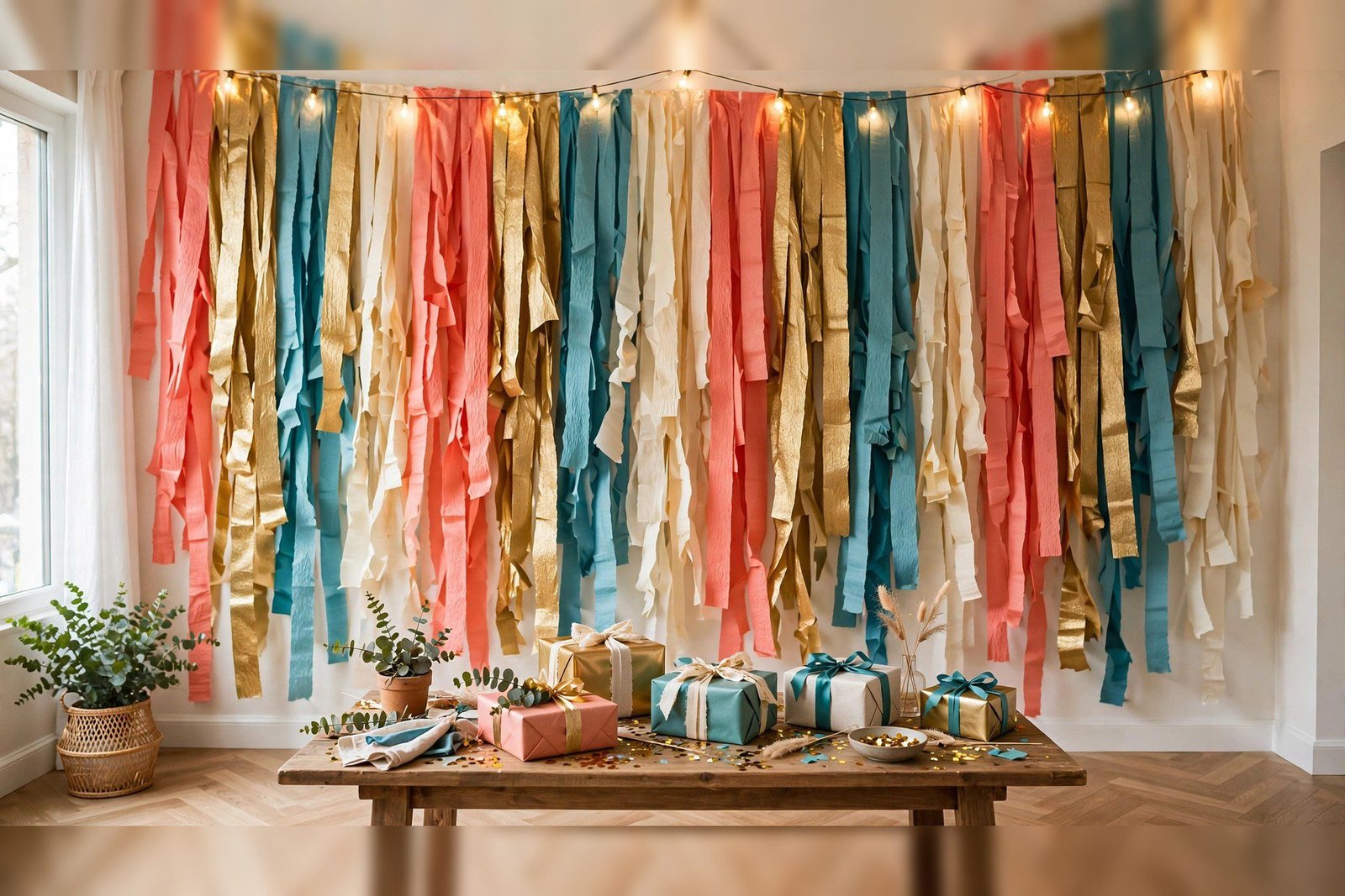 Colorful crepe paper streamer wall backdrop behind a party table